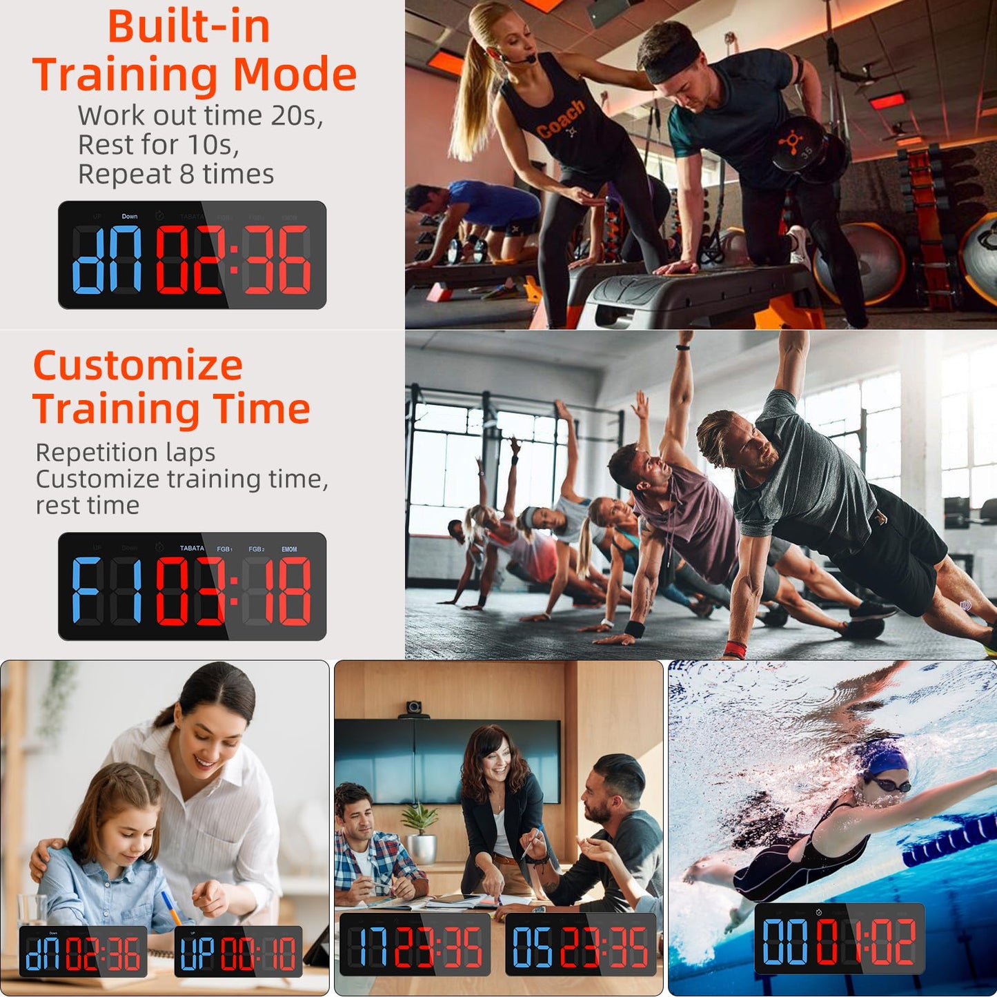 PELLOR Upgraded Gym Timer Clock for FBG/EMOM/Tabata, Interval Timer with Function Modes Display, Countdown/Up Stopwatch Clock for Sports,Home Gym,Yoga,Boxing,Garage,Office,Classroom