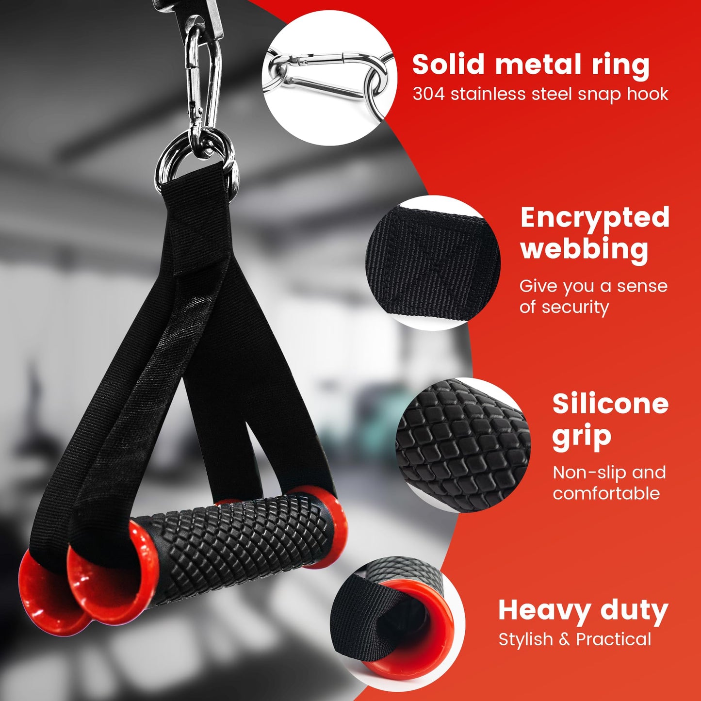 HASSLICKIT Ultra Heavy Duty Exercise Handles, Cable Handles Gym Equipment Attachment, Double D-Ring Grips, Encrypted Webbing, Red Edge Design Non-Slip Comfort Grips