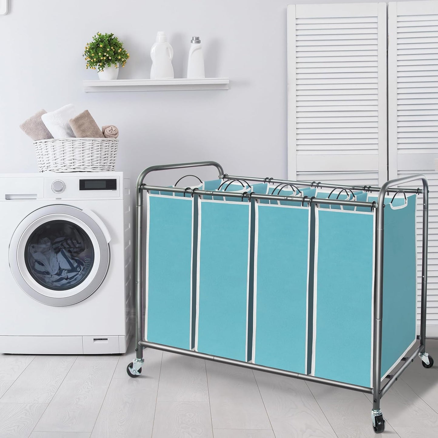 Storage Maniac Laundry Sorter - 4-Section Hamper Cart with Wheels & Removable Bags - 47.8 Gal, Blue