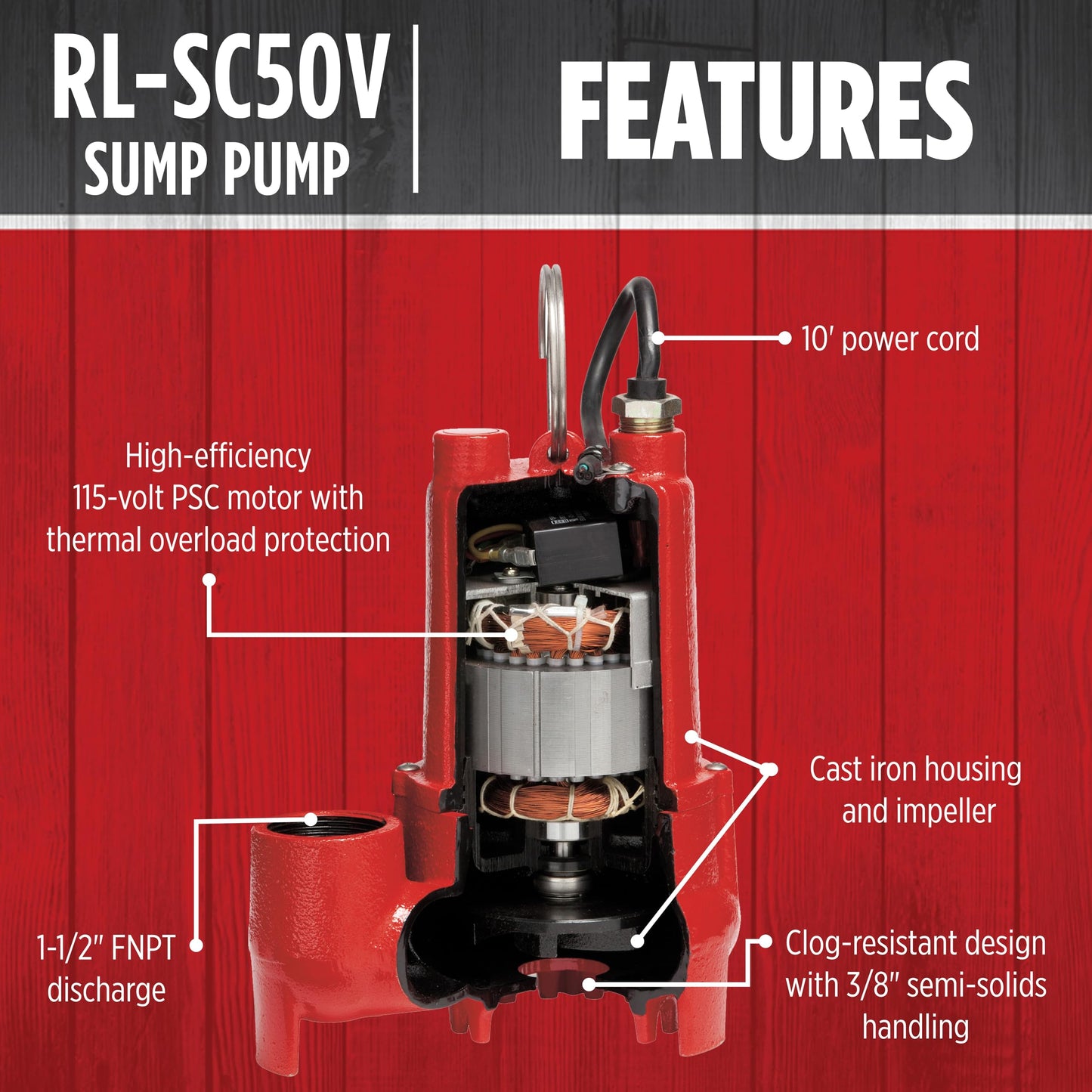 Red Lion RL-SC50V Submersible Water Pump, Heavy Duty Automatic Sump Pump with Vertical Float Switch, 1/2 HP, 4300 GPH, Cast Iron