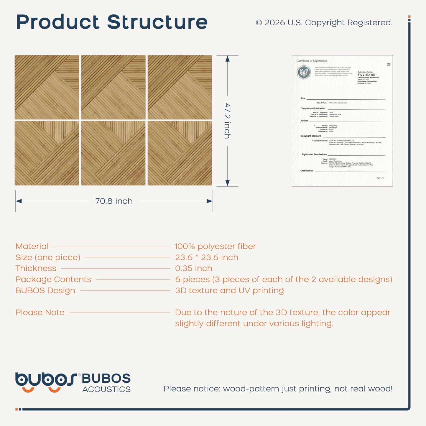 BUBOS 6 Pack Acoustic Wall Panels - High-Density Polyester Sound Absorbing Panels, Decorative Wood Print Treatment for Recording Studio & Home Office, Peel and Stick, 23.6" x 23.6"