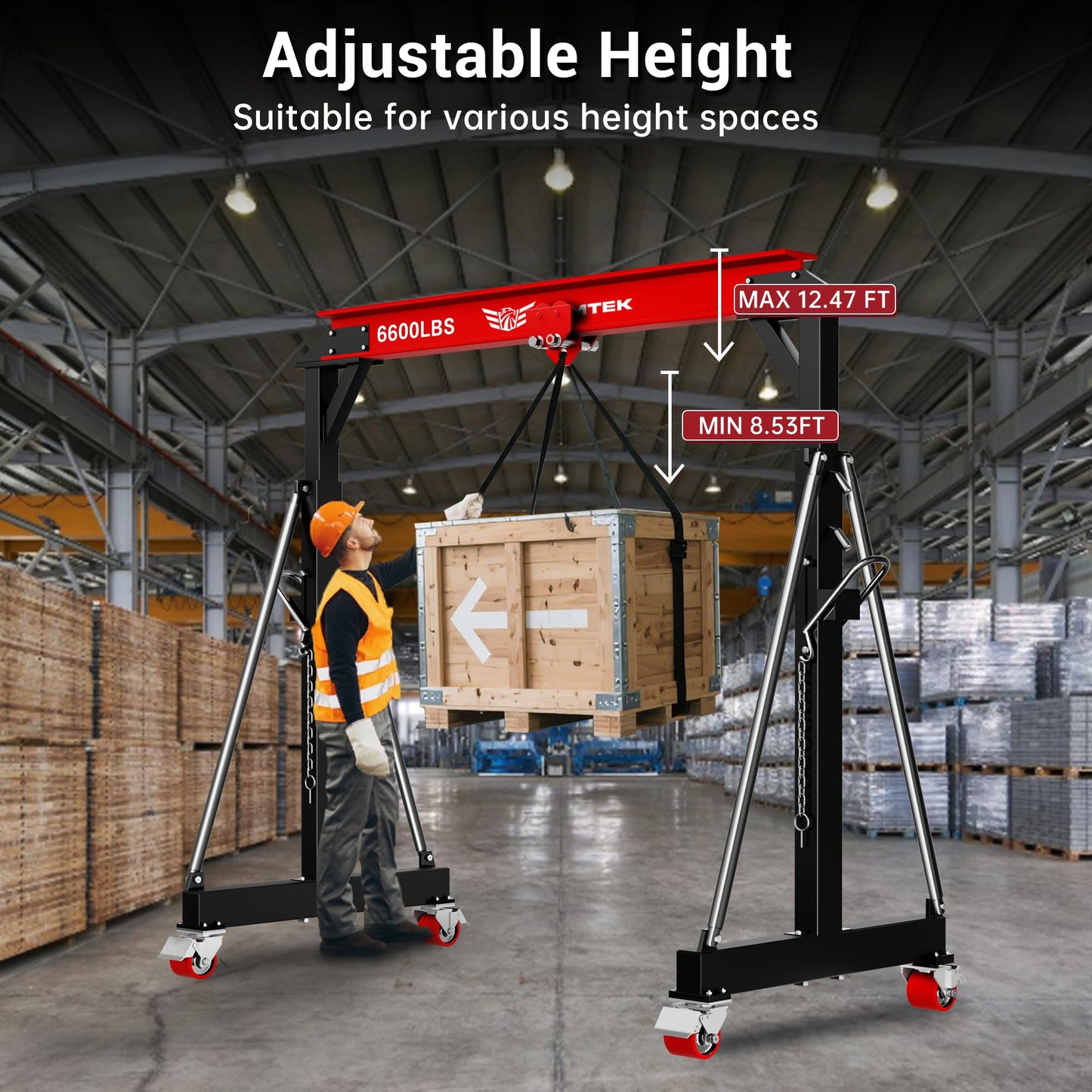 3 Ton Gantry Crane MAX6600LBS, Upgraded Trolley, Adjustable Height (8.53-12.47 FT), Width (8.53 FT), Steel I-Beam Construction, Portable Shop Hoist for Factories, Warehouses