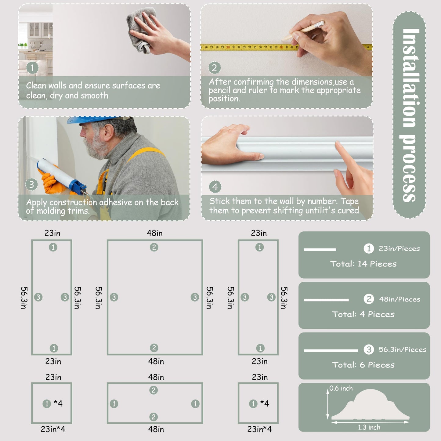 Sunnyglade 6 Frame Pre-Cut Wall Molding kit, Ready to Assemble Wainscoting Panels for Interior Wall Décor, Bedroom Living Room Office Accent Wall - Easy Installation with Glue (6)