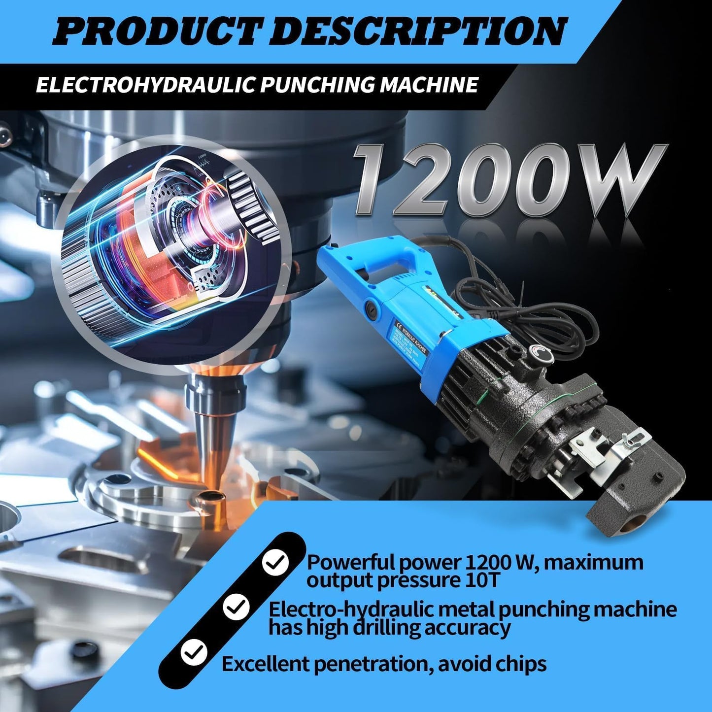 Jecoupoon 1200W 110V Electric Hydraulic Hole Punch Hydraulic Hole Punching Tool Metal Punch Compatible with Steel Copper Aluminum Iron Alloy (Upgrade Version)