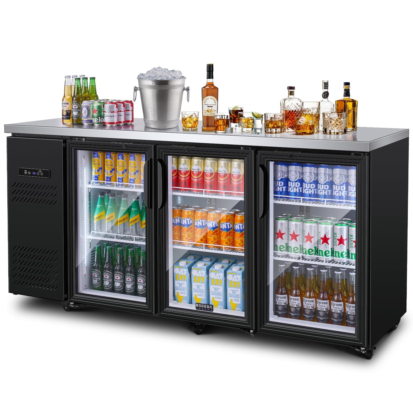 BODEGA BODEGACOOLER Commercial Bar Cooler with 3 Glass Doors, 20.5 Cu.Ft Back Bar Beverage Refrigerator for Beer Soda Wine,LED Lighting With Stainless Steel Top,Casters Kitchen Buffet Table Use