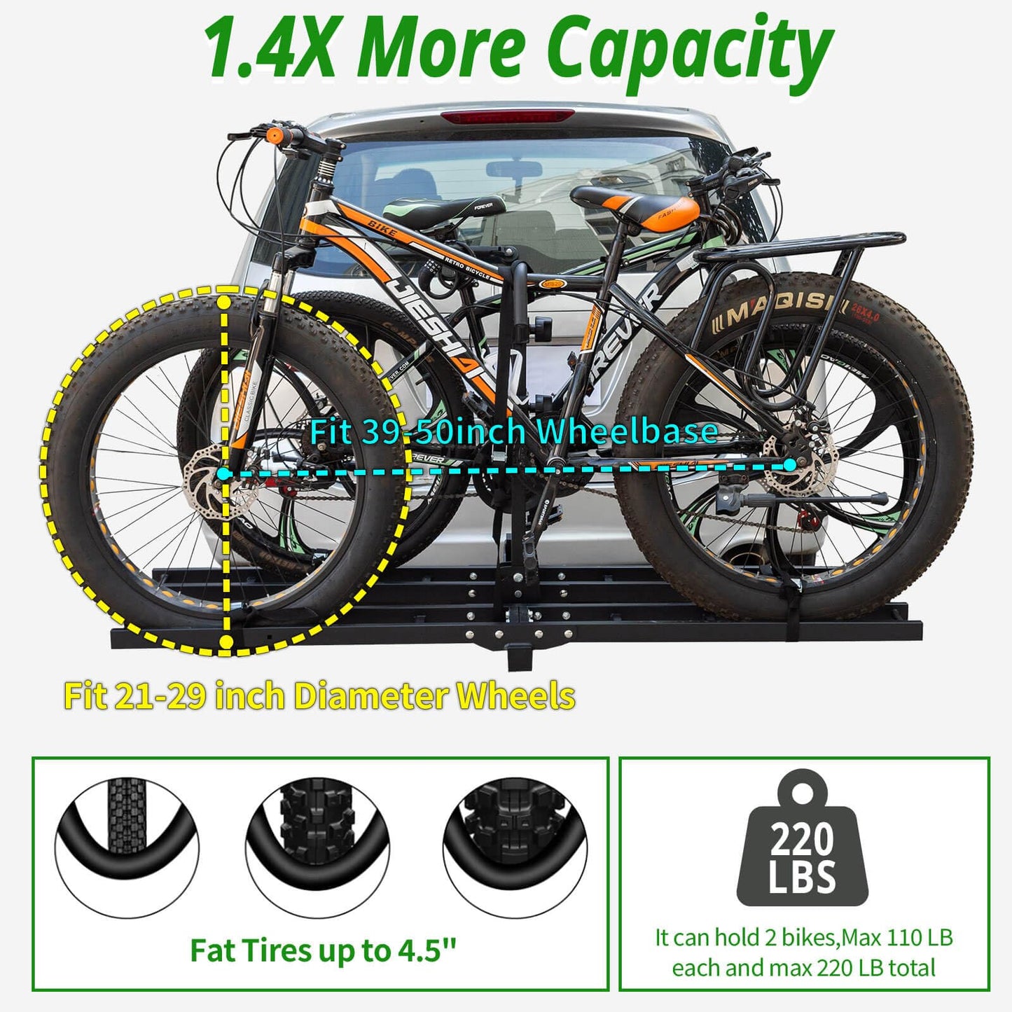 Bike Rack Hitch Mount with Ramp for 2 Bikes – Platform Ebike Rack with Anti-Theft Lock Fits Fat Tires up to 220 lbs – Foldable & Tilt Electric Bike Rack for SUV, Truck, RV – 2'' Hitch Receiver