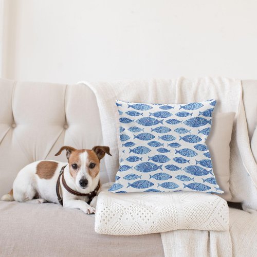 Ambesonne Blue Throw Pillow Cushion Cover, Fish Sea Animal with Ottoman Ornate Mosaic Hand Drawn Style Marine Artwork, Decorative Square Accent Pillow Case, 18" X 18", Blue