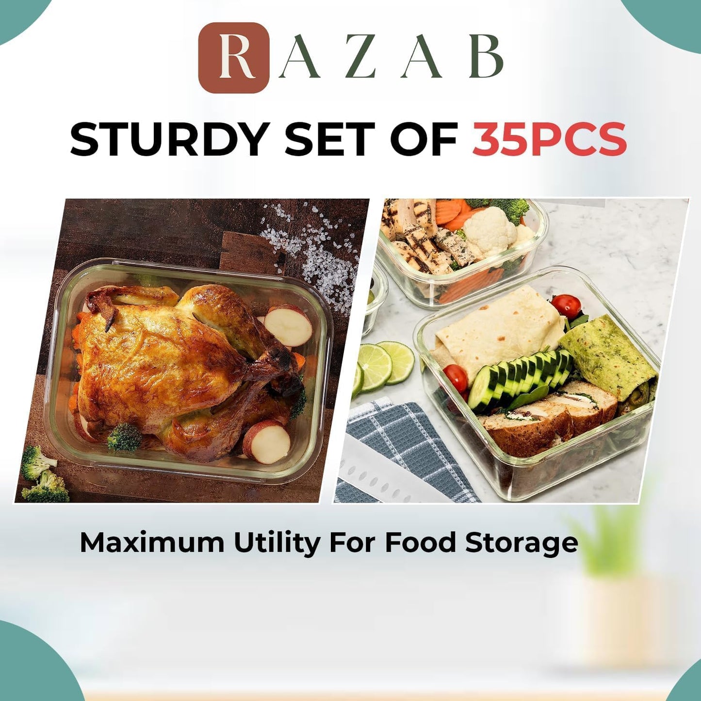 Razab Glass Food Storage Containers Set - 35 Pc Airtight Meal Prep Bento Boxes, BPA-Free & Leak Proof