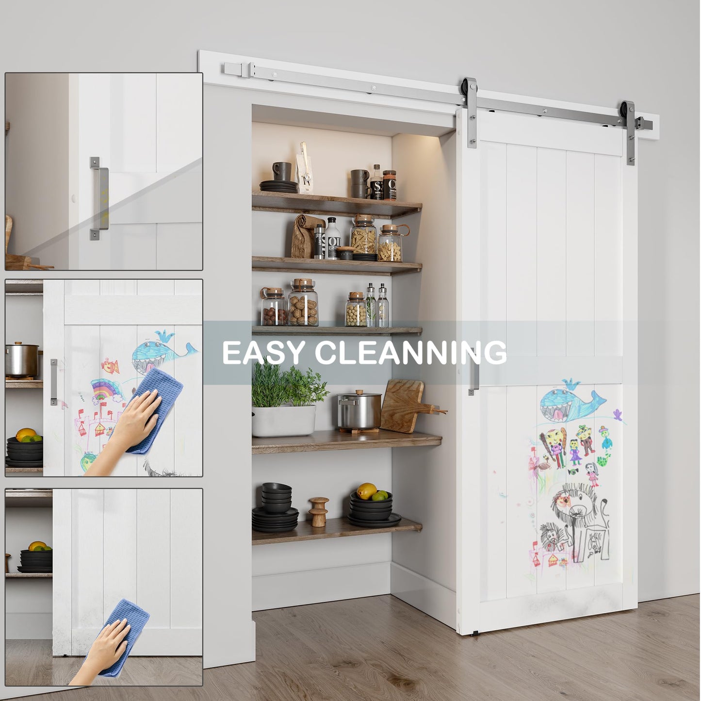 ALAMEDADT 36''x84'' Sliding Barn Door with 6.6 Ft Brushed Nickel Hardware Kit& Handle& Floor Guides,Pre-Drilled Holes Easy Assembly - Include Installation Manual, Water-Proof PVC Surface, H-Frame