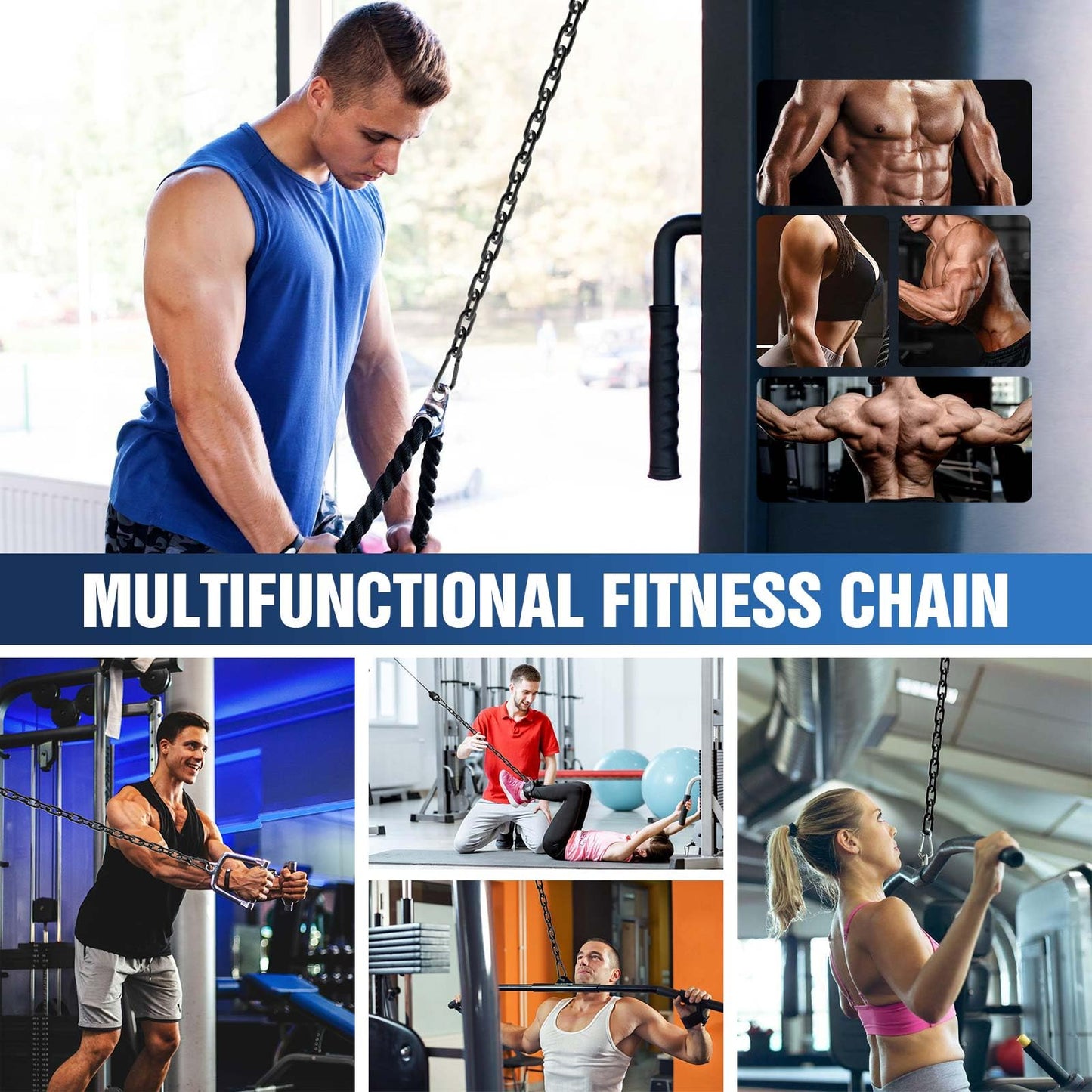 Mixizigoz Fitness Chain, Weight Lifting Chain, 304 Stainless Steel Exercise Cable Machine Extension, LAT Pulldown Bar Extension Attacment for Home Gym (Black-4mm 2pcs)