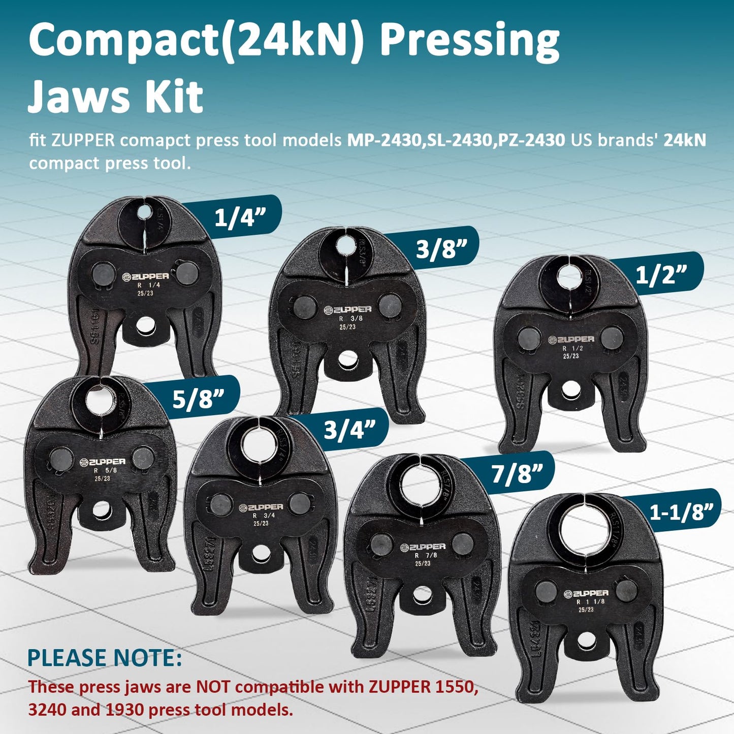 ZUPPER 7PCS Compact Press Jaws Kit 1/4" to 1 1/8" for RLS ACR Copper Pipes Compatible with Compact Press Tool (24 kN/5,400 lbs) Suitable for HVAC/R, Refrigeration Pressing Tools