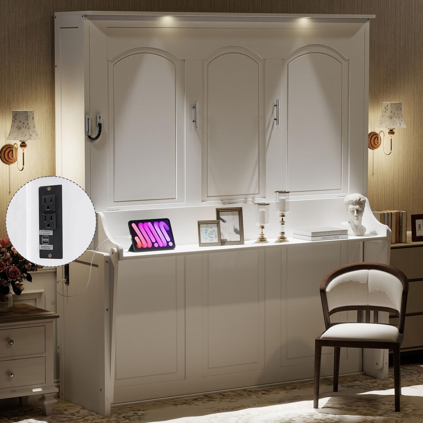 Ball & Cast Queen Size Murphy Bed with Desk,Hideaway Beds w/LED Lights and USB Charging Station,Wood Wall Cabinets Bedframe,Slat Support,Dual Piston Metal Folding Mechanism Designed,White