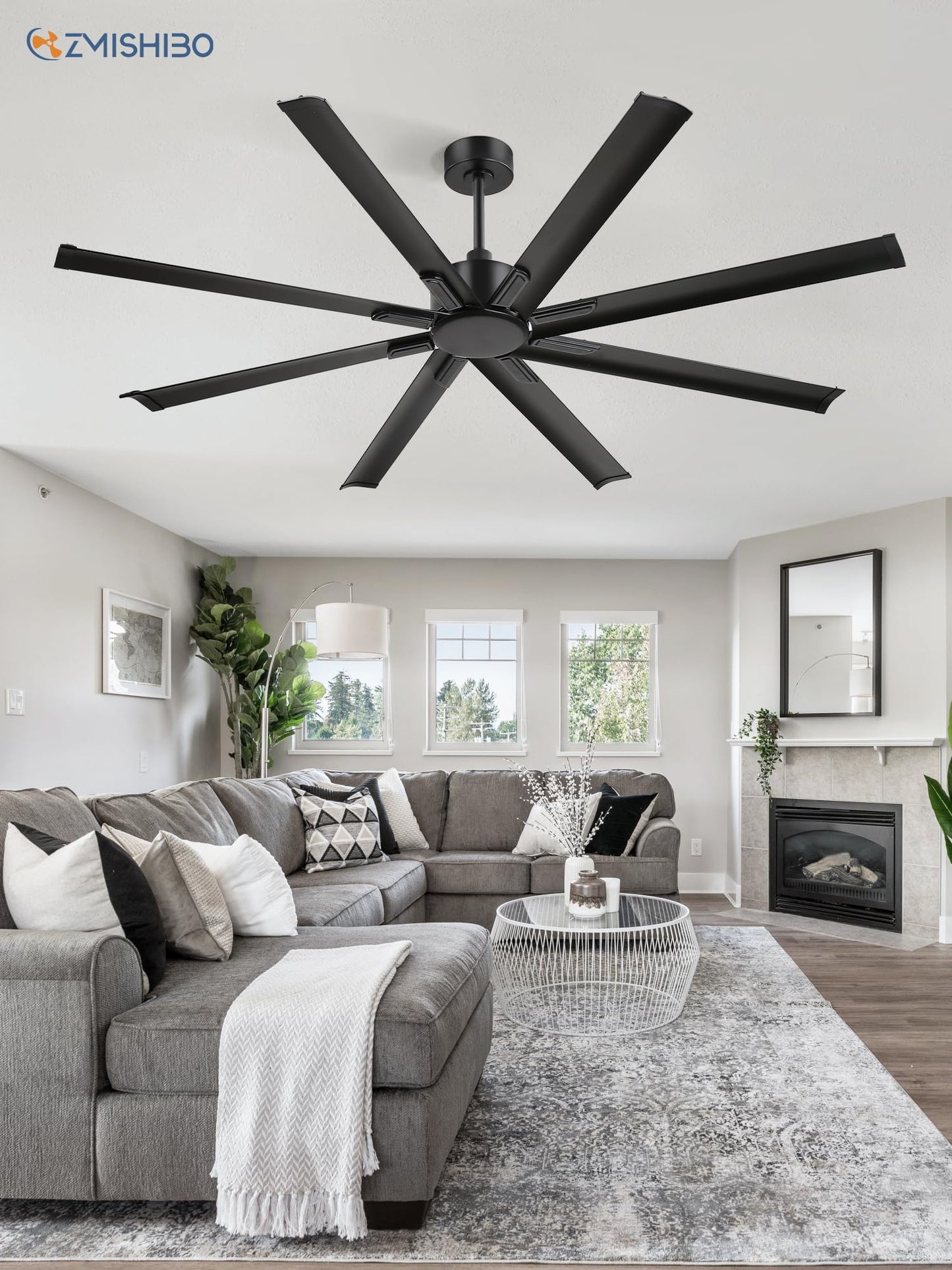 ZMISHIBO 72 Inch No Light, Large Industrial Ceiling Fan with 8 Aluminium Blades, Quiet DC Motor, 6 Speeds, Modern Ceiling Fan without Light for Garage/shop/living room,Black