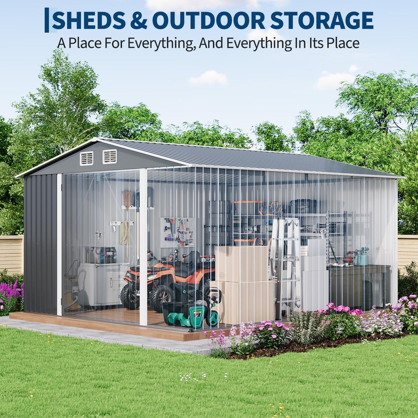 Garvee 10 x 12 ft Outdoor Storage Shed, Heavy-Duty Waterproof Tool Shed Storage with Lockable Door, Vents and Updated Frame Structure, Large Metal Tool Shed for Backyard, Patio Lawn, Grey