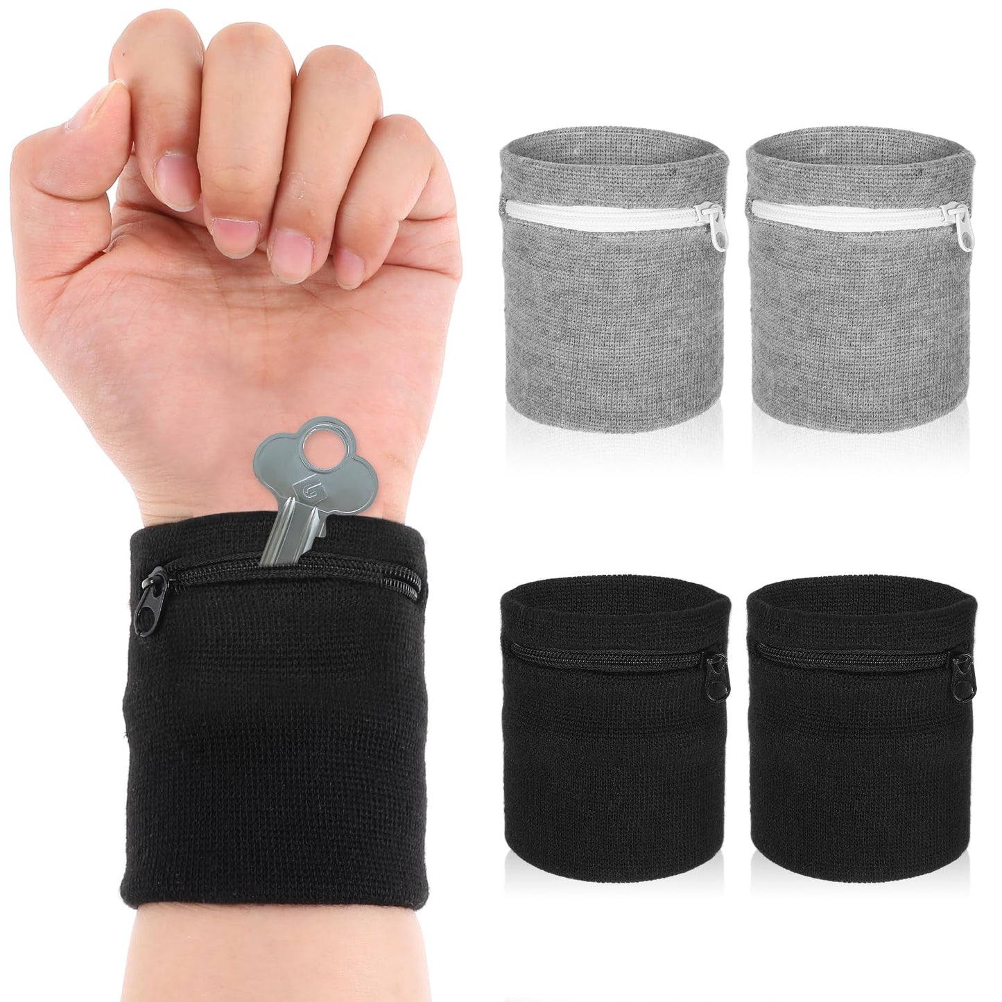 4Pcs Wrist Wallet, Mabor Wrist Sweat Bands with Zipper Light Pocket Sports Absorb Sweat Wristbands for Women Men Gym Sports Running Walking for Storage Key Card Cash