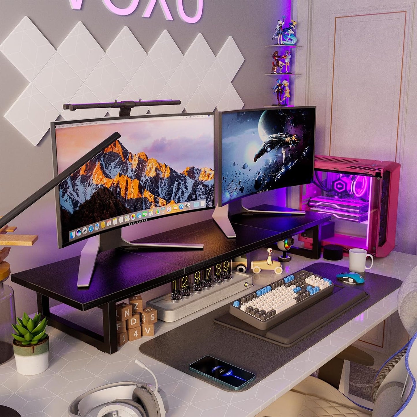 2 Simple Trending Desk Organizers and Accessories, Dual Monitor Stand Riser, Desk Shelf Wood Computer Rack