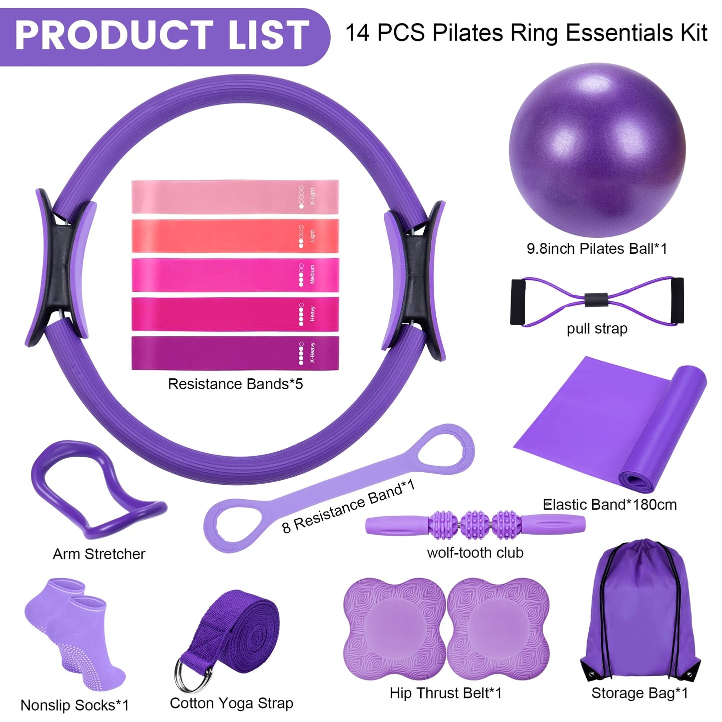 14" Pilates Ring Circle Fitness Set of 17 Equipment Accessories Workouts Includes Pilates Ball Magic Circle Yoga Ring Knee Pads and Resistance Bands for Women Set Gift for Women Weight Loss (Purple)