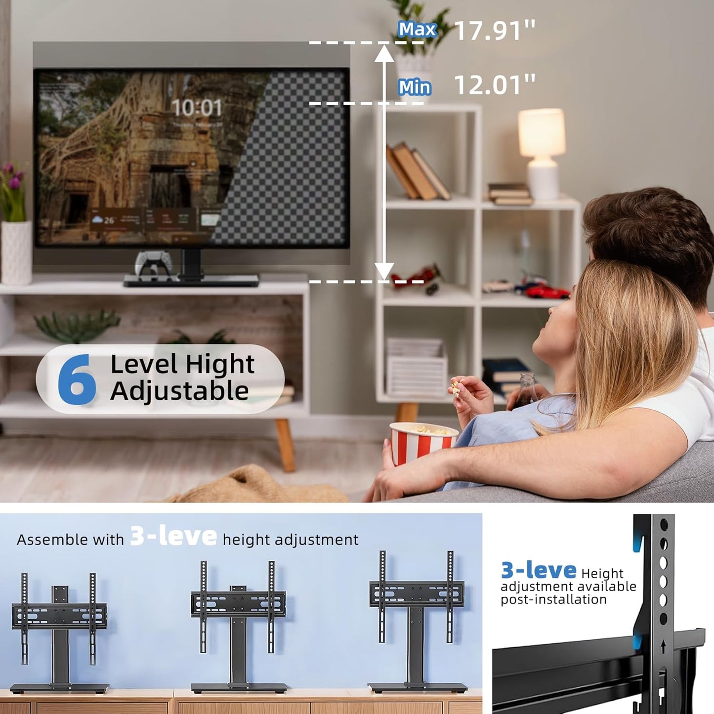 Elevon 26-80" 88 lb 8 mm 6-Level 10-Min 100100-400400 mm Universal Tabletop TV Stand, Steel & Glass Base, Height Snap