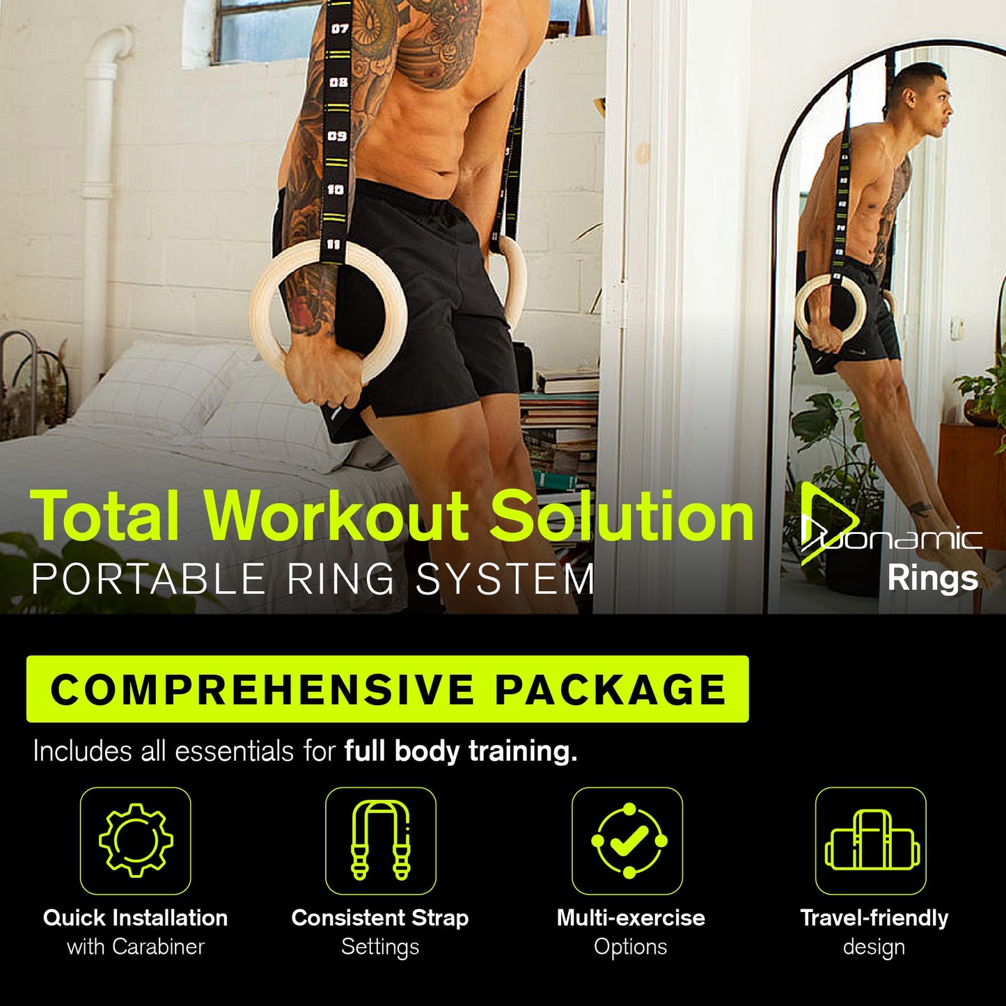 Eleviia Ultimate Pullup Travel Package: 9-Piece Kit Includes The Original Eleviia Doorway Pullup Bar System, Wooden Rings and Travel Straps, and Super Compact Travel Bag