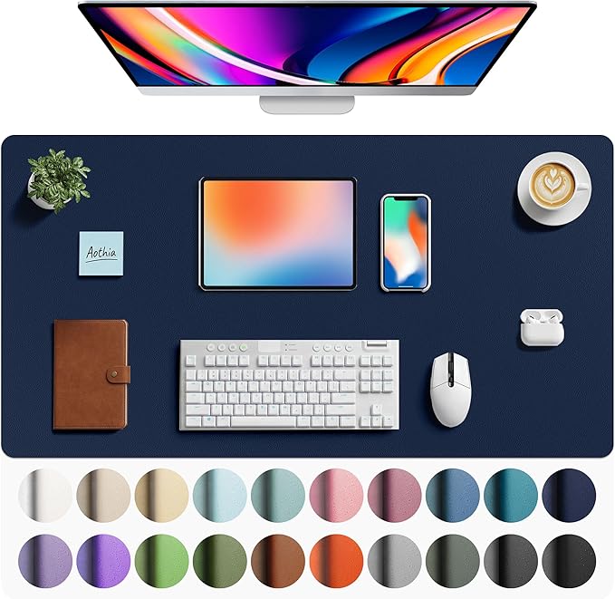 Aothia Faux Leather Desk Mat - Large Mouse Pad, Non-Slip PU Leather Blotter, Waterproof Writing Surface for Office and Home (Dark Blue, 40" x 24")