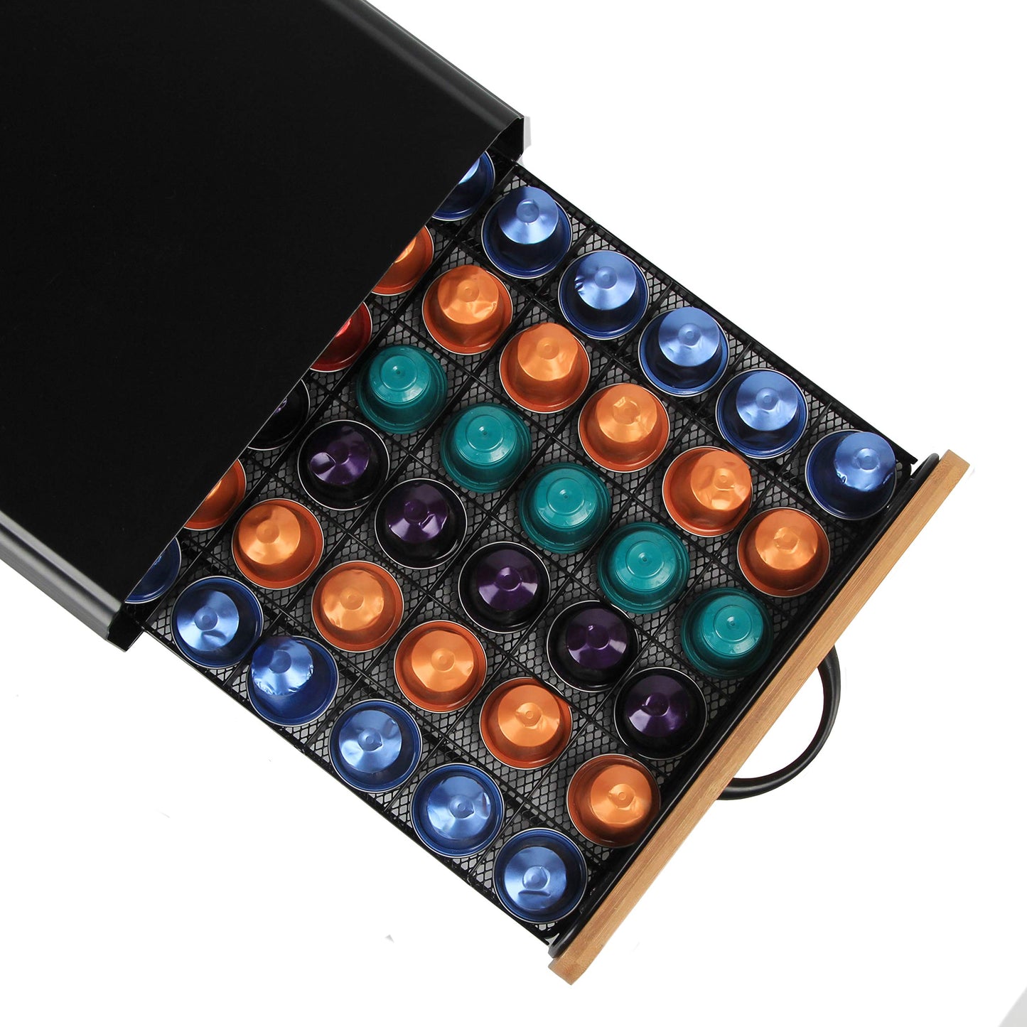 Flagship Coffee Pod Holder for Nespresso Originalline Capsule Holder Drawer Pod Storage Drawer 60 Capacity, Black Metal & Bamboo Coffee Drawer