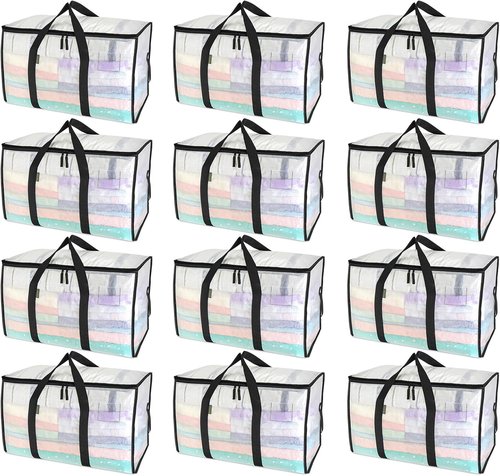 BALEINE Oversized Moving Bags - Heavy-Duty Storage Tote with Reinforced Handles | Clear, 12-Pack