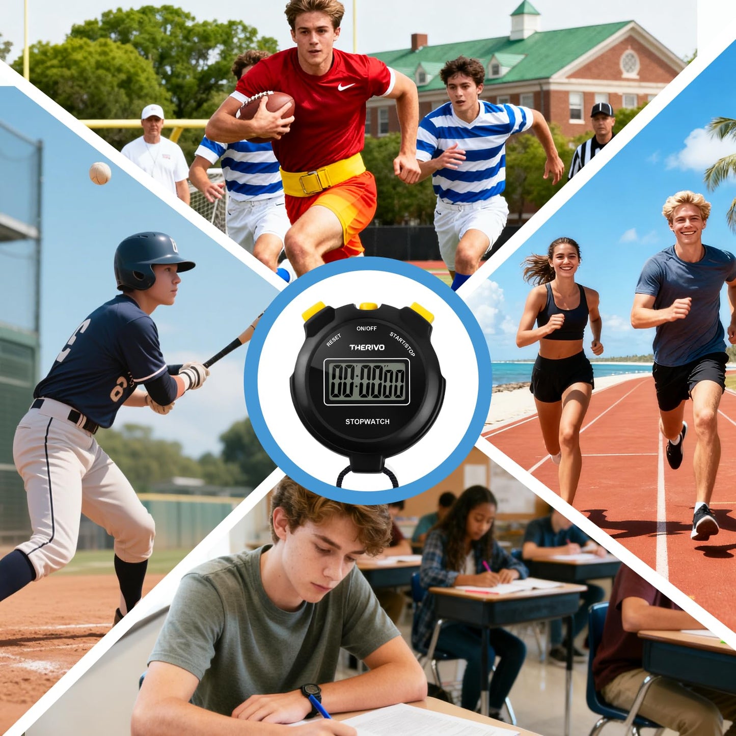 Therivo Digital Simple Silent Stopwatch Timer: Only Stopwatch Mode (No Laps), Easy to Use, Read, and Carry with Intuitive Buttons — On/Off, Large Display, Ideal for Kids, Track, Sports, Coaches