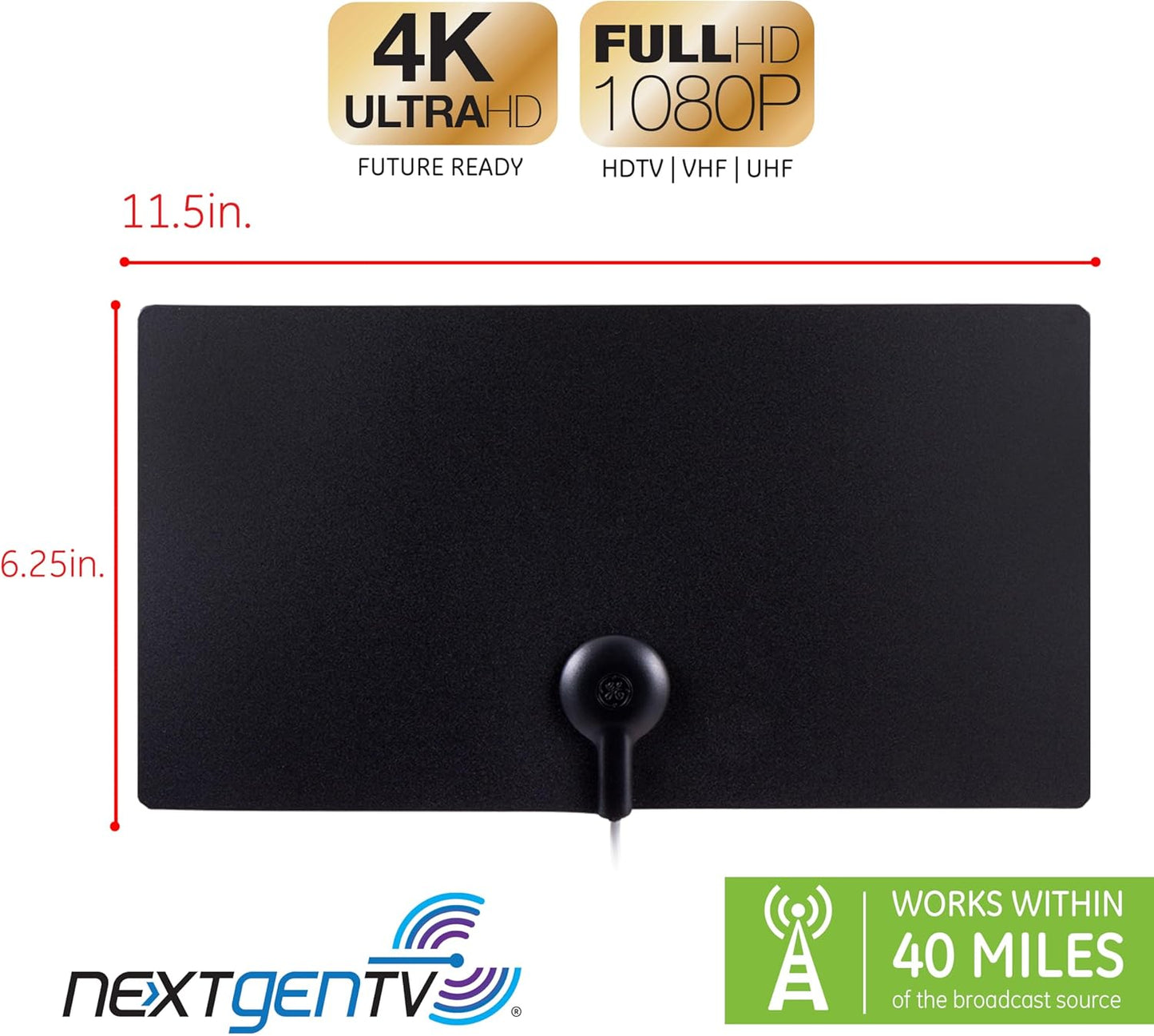 GE 4K 6ft 11264 Ultra Ed Indoor HD Digital TV Antenna, Long Ran Smart TV Antenna, Slim Decor Reversible Black White