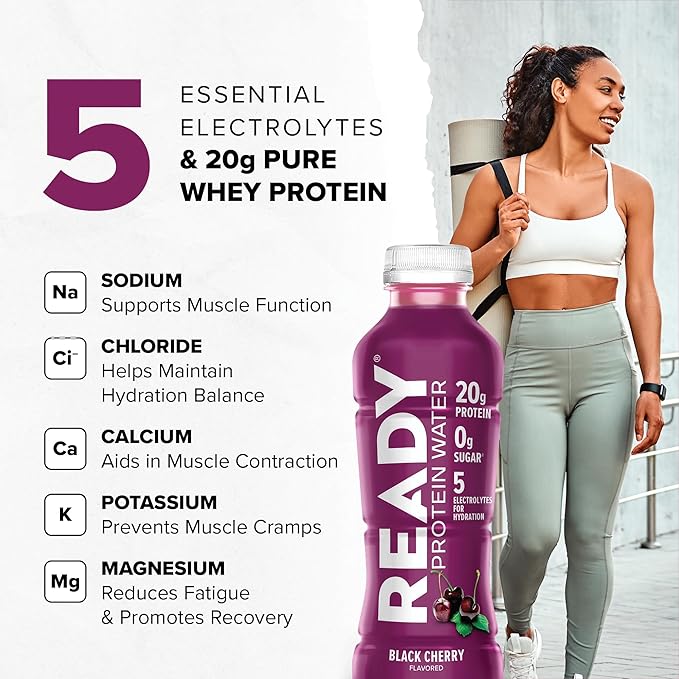 Ready® Protein Water ??20g Whey Protein Isolate, Zero Sugar, Low-Calorie Sports Drink for Hydration & Recovery ??Electrolytes, Essential Amino Acids ??Black Cherry, 16.9 fl oz Bottles (12-Pack)