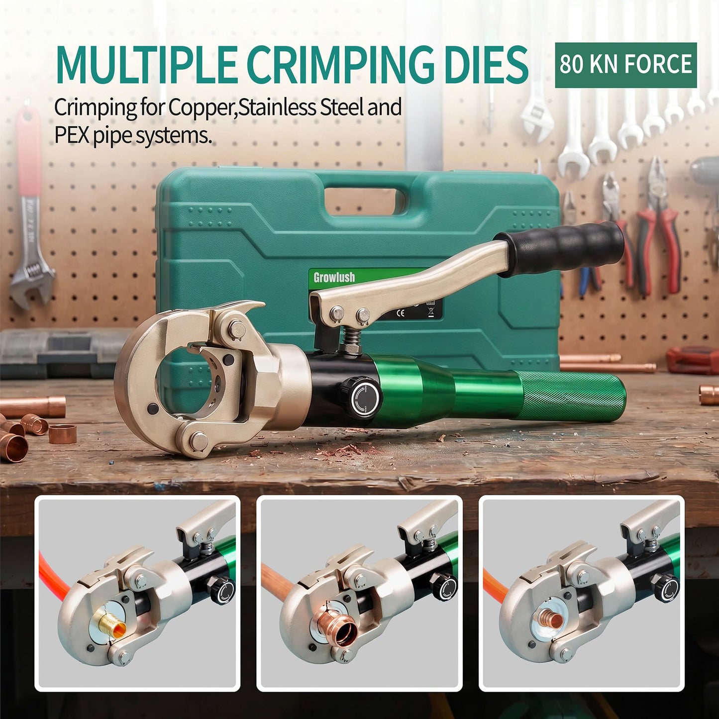 Growlush Copper Pipe press Tool with 1/2",3/4",1" Dies for Copper Pipe and F877 Stainless PEX Press Sleeves, 3/8",1/2",5/8",3/4",1" Dies for ASTM F1807 Pex Pipe Copper Ring Pipe Fittings Crimping Tool