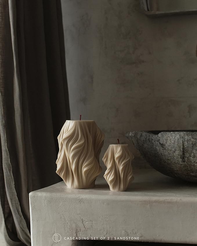 LAWA Cascading Wave Candle - Large Beautiful Handmade Pillar Scented Soy Wax Elegant Bubble Aesthetic Candle Housewarming Gift Home Room Shelf Decor Idea Sandstone (Set of 2)
