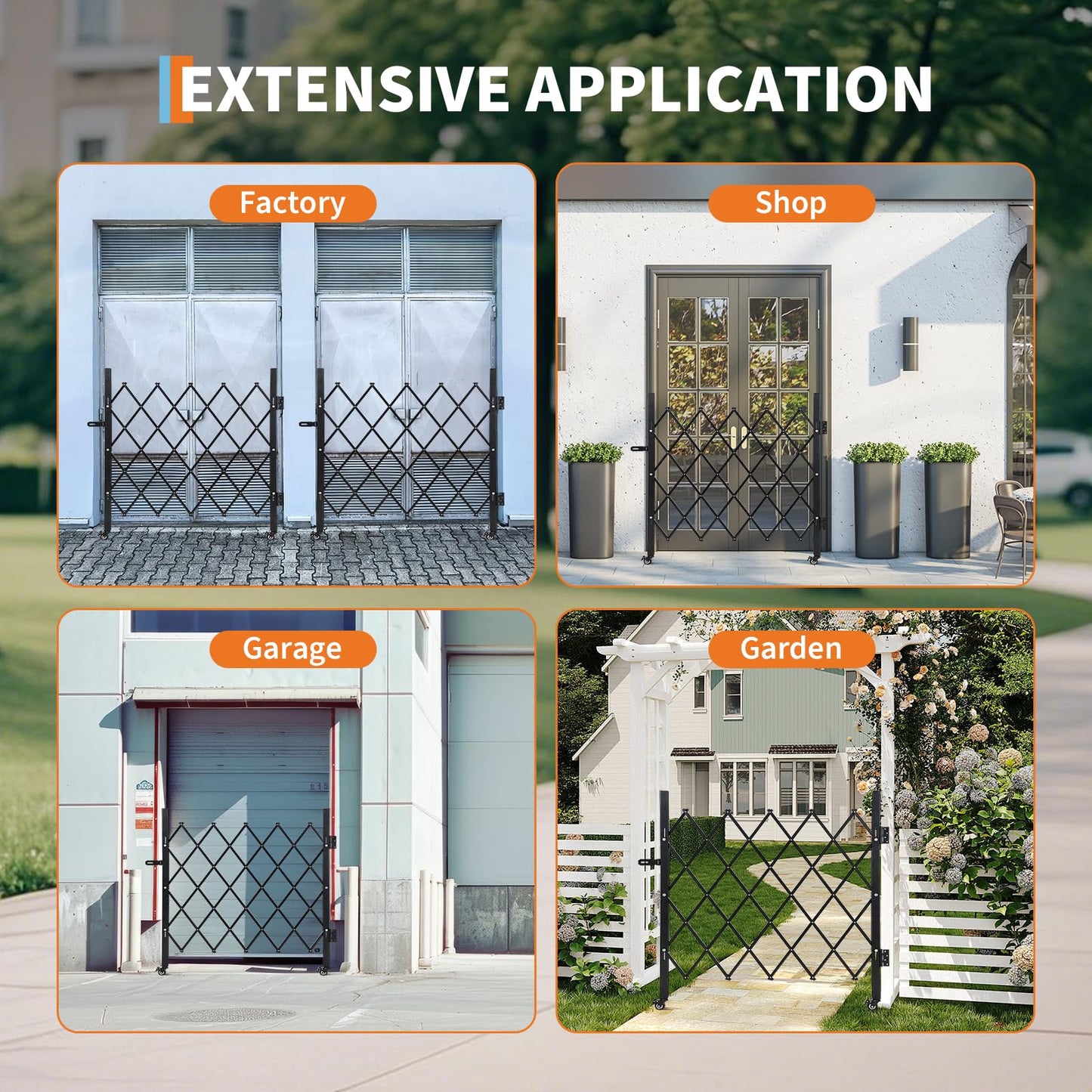 Single Expandable Gate, 87" H x 84" W Folding Security Gate, Folding Door Gate, Steel Accordion Security Gate, Flexible Garage door gate, 360° Rolling Barricade Gate, Scissor Gate or Door with Padlock