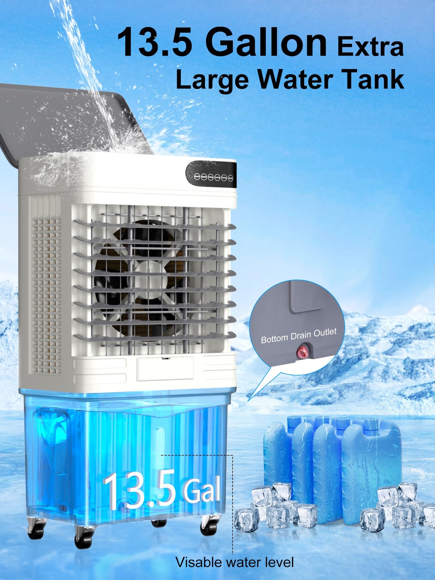 Uthfy Swamp Cooler, 41 Inch Evaporative Air Cooler with 13.5 Gal Large Water Tank, 3600 CFM, 120° Oscillation, 3 Modes & 3 Speeds, Remote, 12 H Timer, 4 Ice Packs, Portable Air Conditioner for Outdoor
