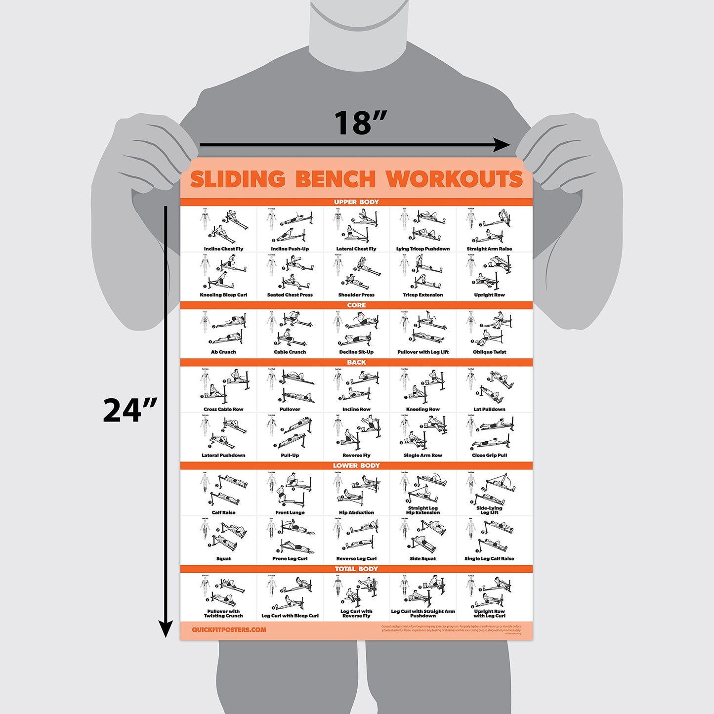 Palace Learning Sliding Bench Workout Poster - Compatible with Total Gym, Weider Ultimate Body Works - Incline Bench Exercise Chart [LIGHT] (LAMINATED, 18” x 24”)