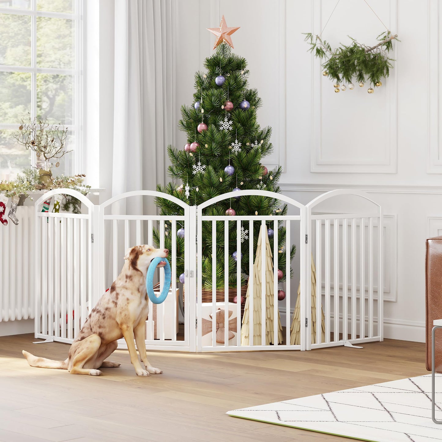 THKKY Folding No-Assembly Freestanding Dog Gate with Door,32" Heights Foldable Pet Fence,96" Extra Wide Accordion Puppy Folding Playpen for Doorways,House,Stairs (4 Panels,White)