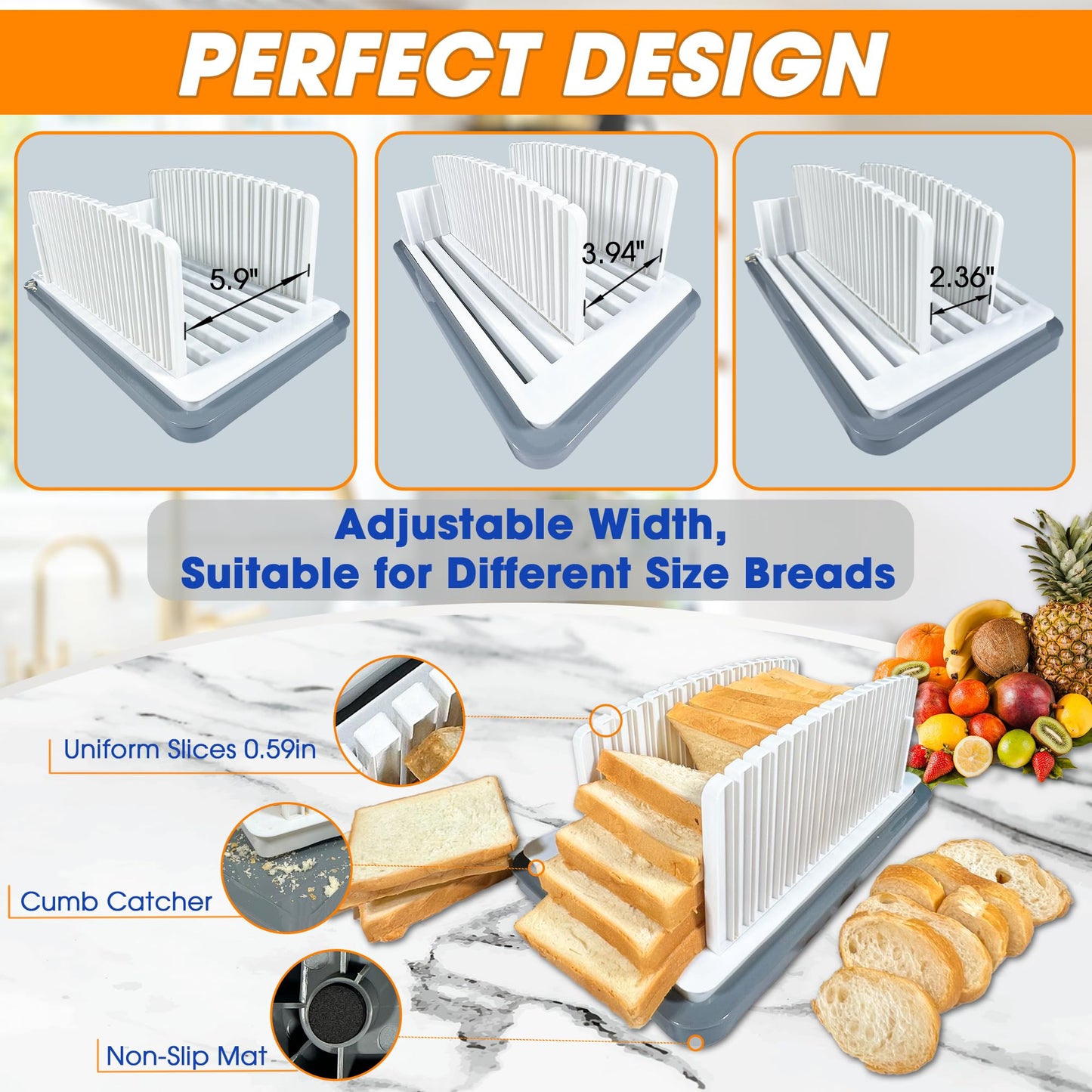 New Upgrade Bread Slicer for Homemade Bread, Adjustable Width Bread Slicer Guide with Crumb Tray, Foldable and Compact Design, Perfect For Homemade Bread, Bagels, Cakes, Easy To Use & Clean