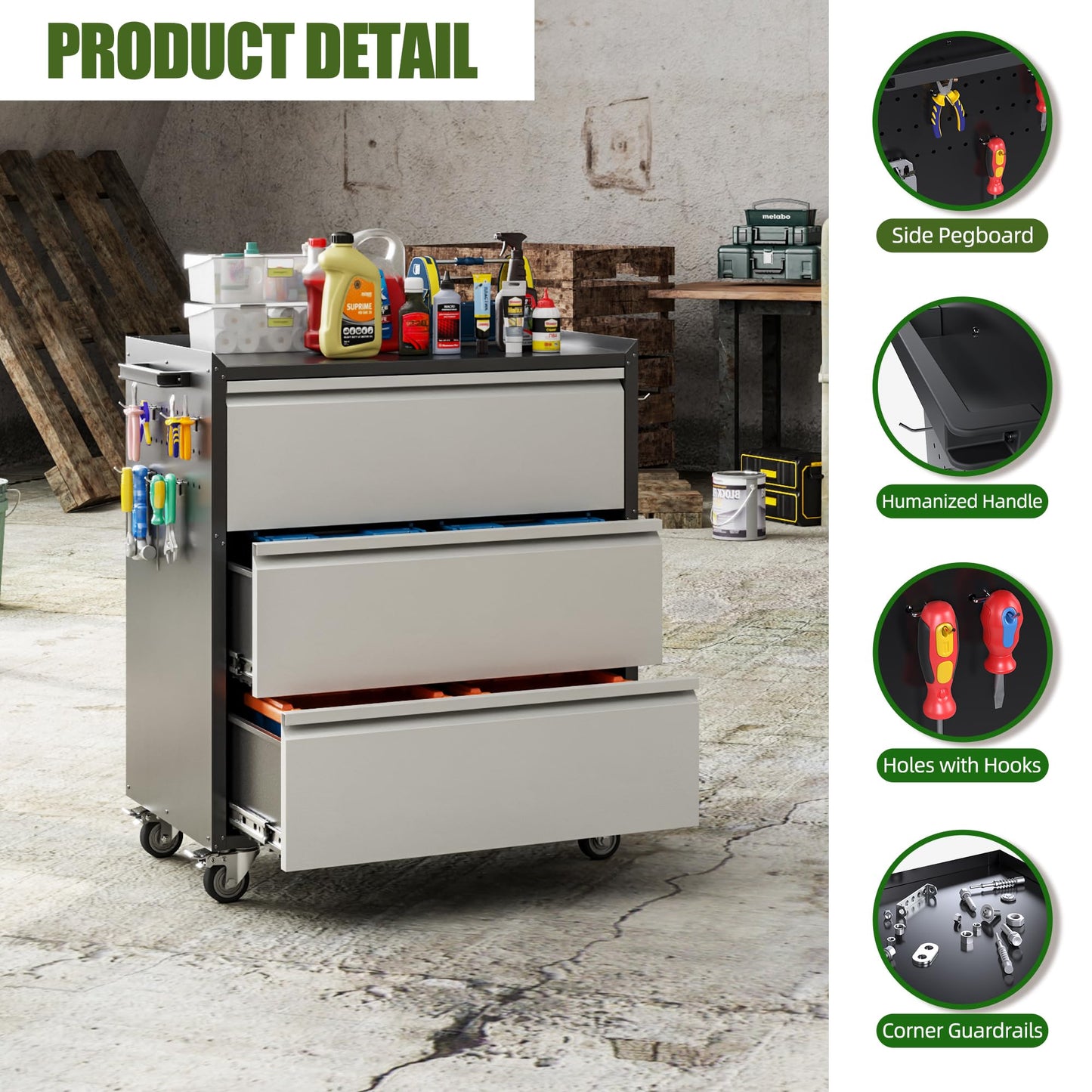 Aobabo Metal Rolling Tool Storage Cabinet with Drawers, Side Pegboards, Left Handle, Lockable Casters, Garage Workshop Utility Cart, 18.11 D x 30.3 W x 35.4 H Inches,Assembly Required