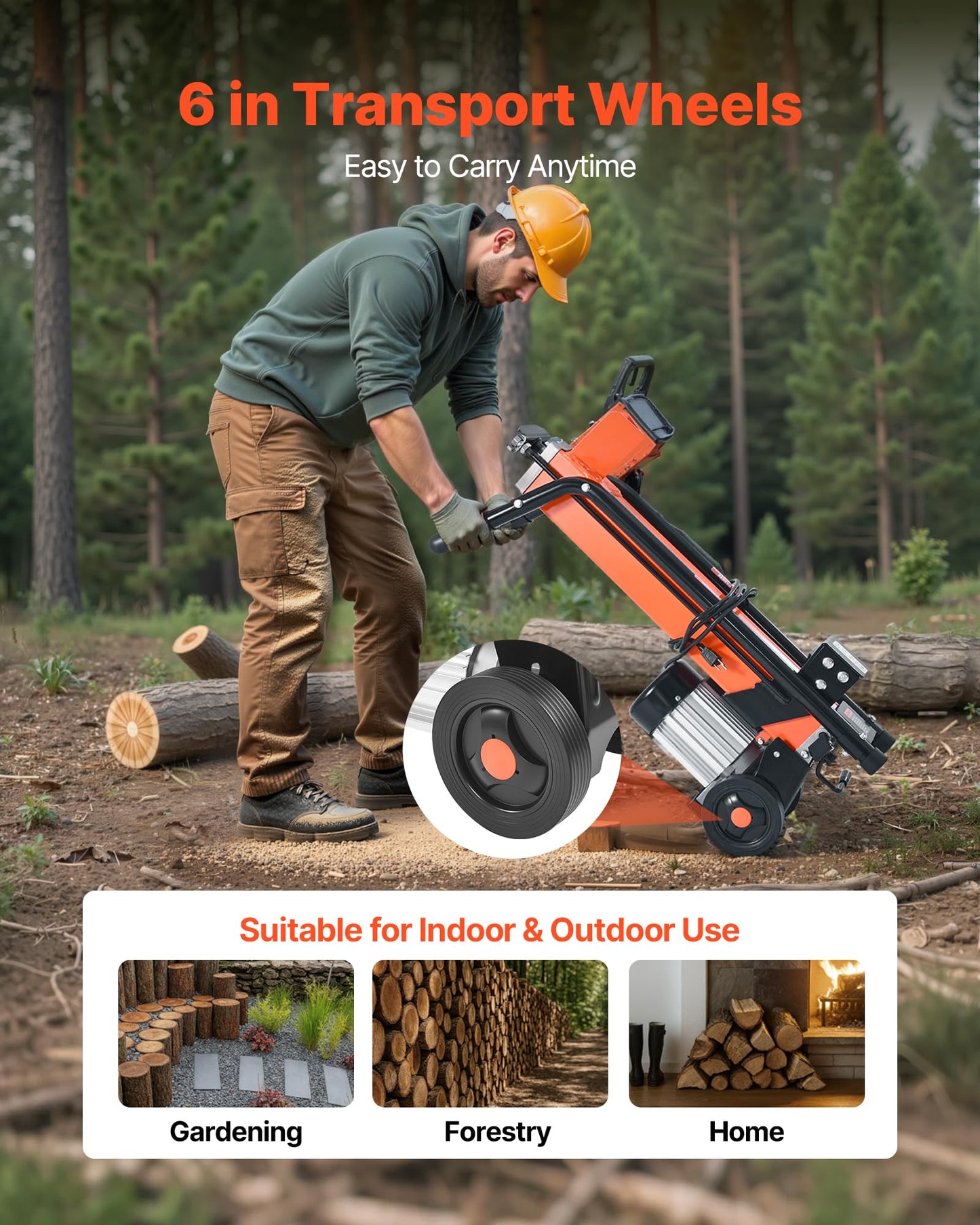 VEVOR Electric Log Splitter, 6.5 Tons Electric Wood Splitter, 1500W 15 Amp Motor, Portable Firewood Splitting Machine with 6" Wheels, Wood Splitters for Forestry Harvesting, Efficient & Secure