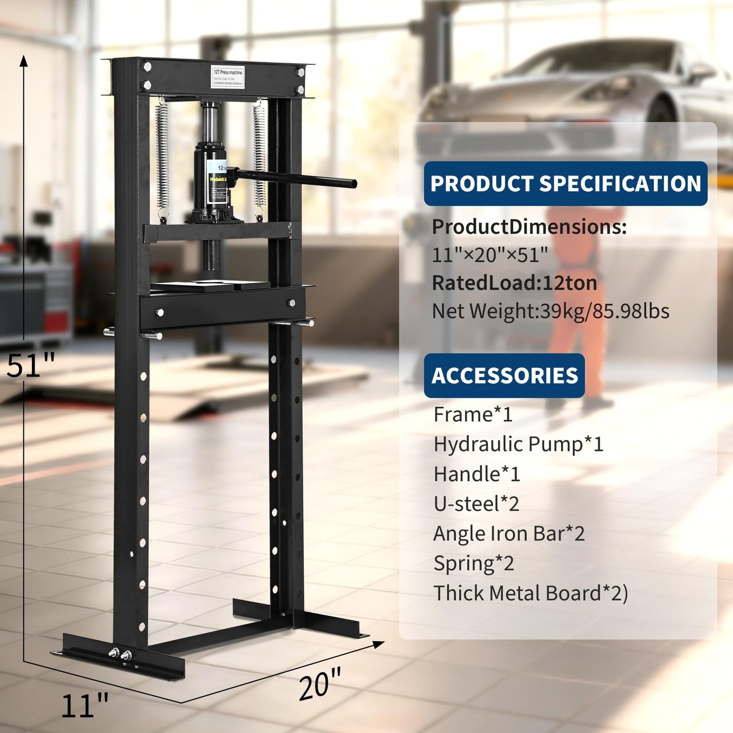 Garvee 12T Hydraulic Press, H-Frame Hydraulic Shop Press with 2 Press Plates, Heavy Duty Garage Floor Shop Press with Adjustable Work Table Height for U-Joints, Black