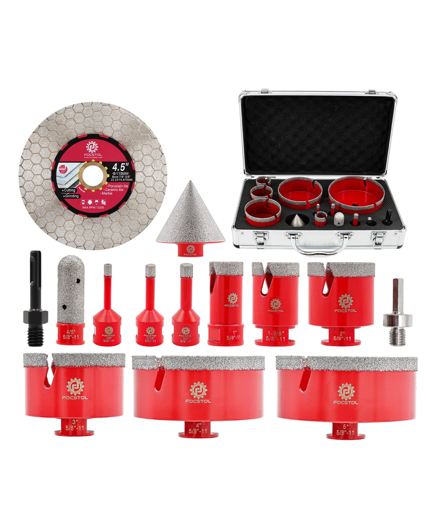 FOCSTOL Diamond Tile Hole Saw Kit 14pcs - (6/8/10/25/35/50/75/100/125mm+20mm Milling Bit+50mm Chamfer Bit+Hex+SDS+115mm Cutting Disc) Diamond Core Drill Bit Set for Porcelain, Tile, Ceramic, Marble