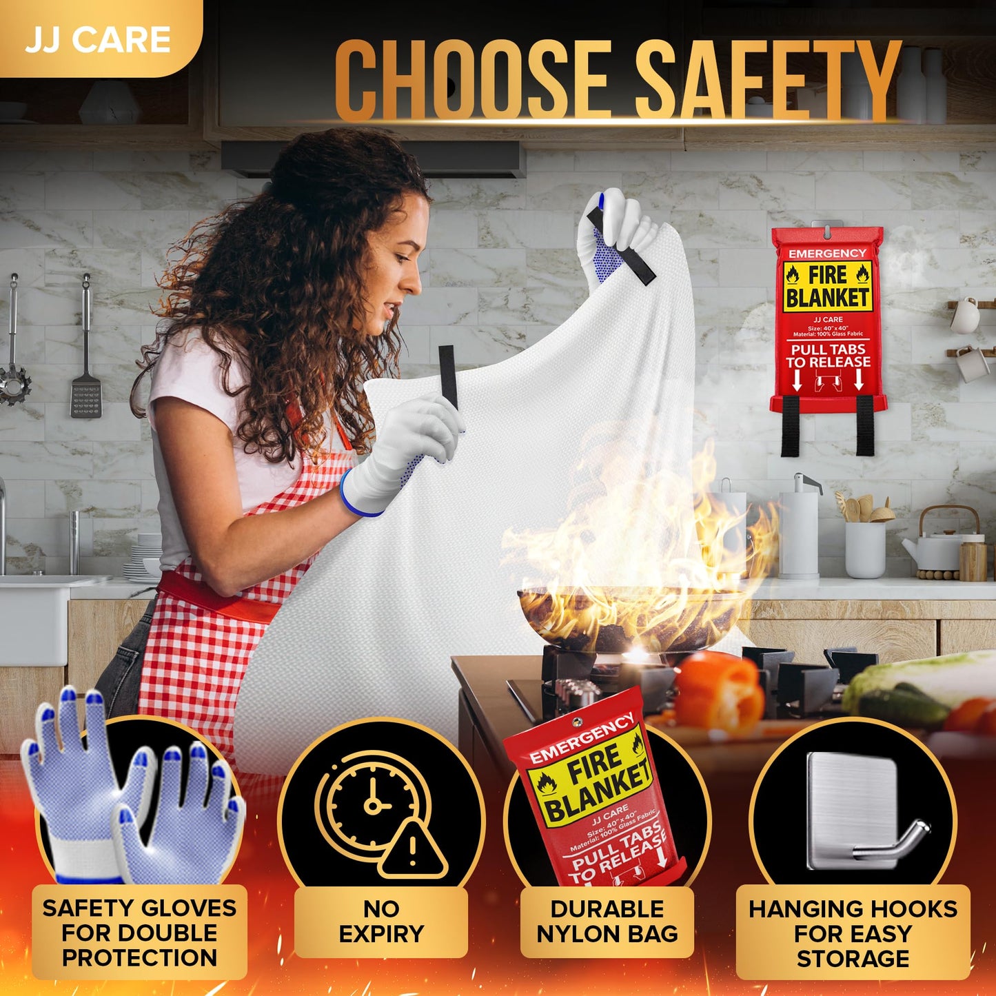 JJ CARE Fire Blanket – 14 Packs with Hooks and Gloves – 40"x40"-Emergency Fire Blanket for Home & Kitchen, High Heat Resistant Fire Suppression Blankets for Home Safety, Kitchen, and Camping
