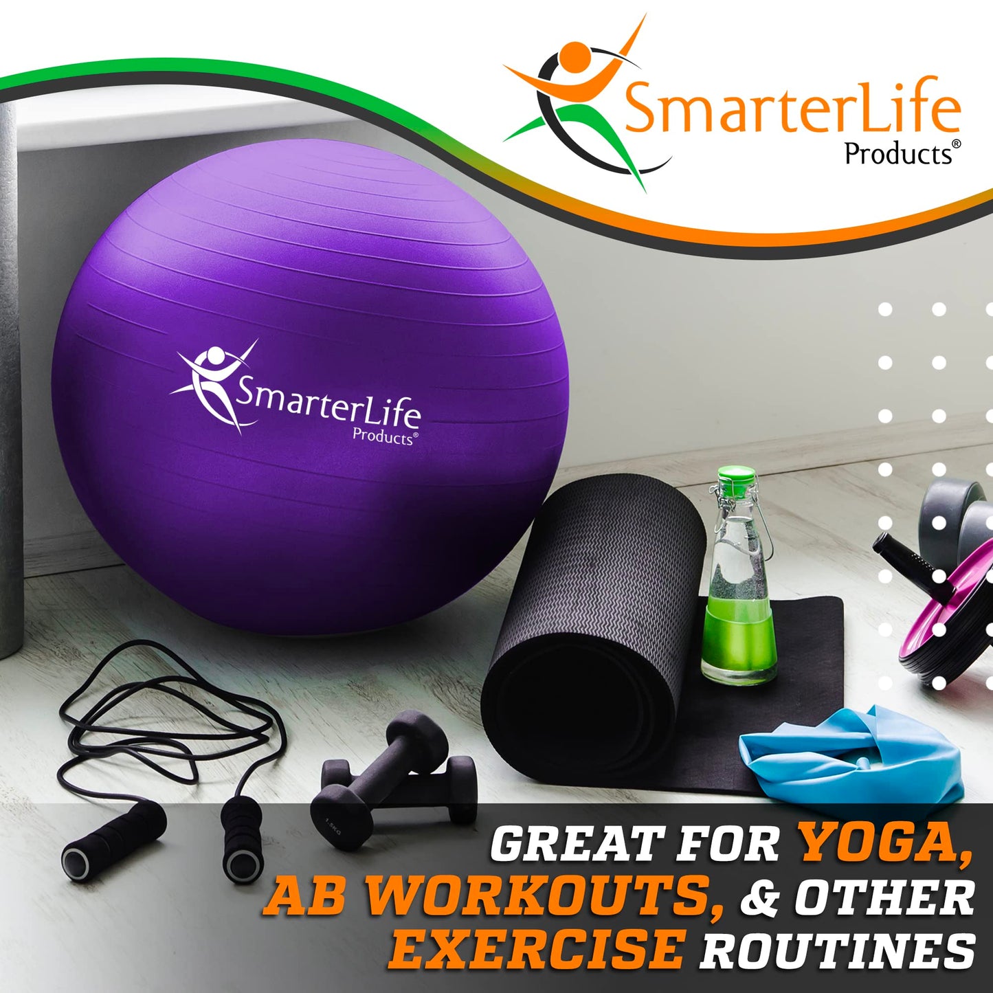 SmarterLife Exercise Ball Yoga Ball for Fitness, Balance, Stability, or Pregnancy, Gym Ball for Core Workout, Physical Therapy, Yoga Ball Chair for Office, Anti-Slip Anti-Burst (65 cm, Purple)
