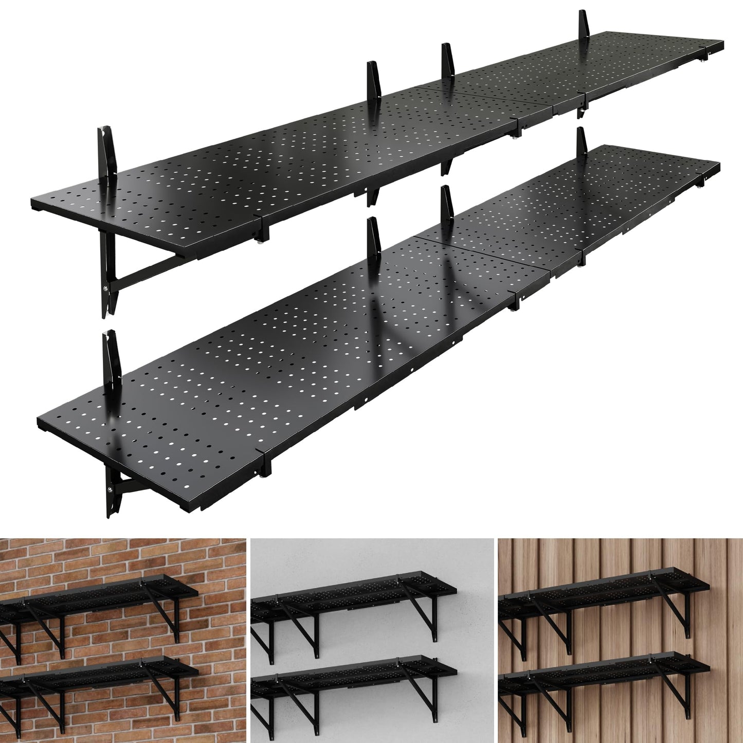 FLEXIMOUNTS 2-Pack 1x6ft Garage Shelving 14-inch-by-68-inch Perforated Wall Shelf, Heavy Duty Garage Storage Rack with 1400 lbs Load Capacity, Wall Mounted Organization System for Tools, Heavy Bins