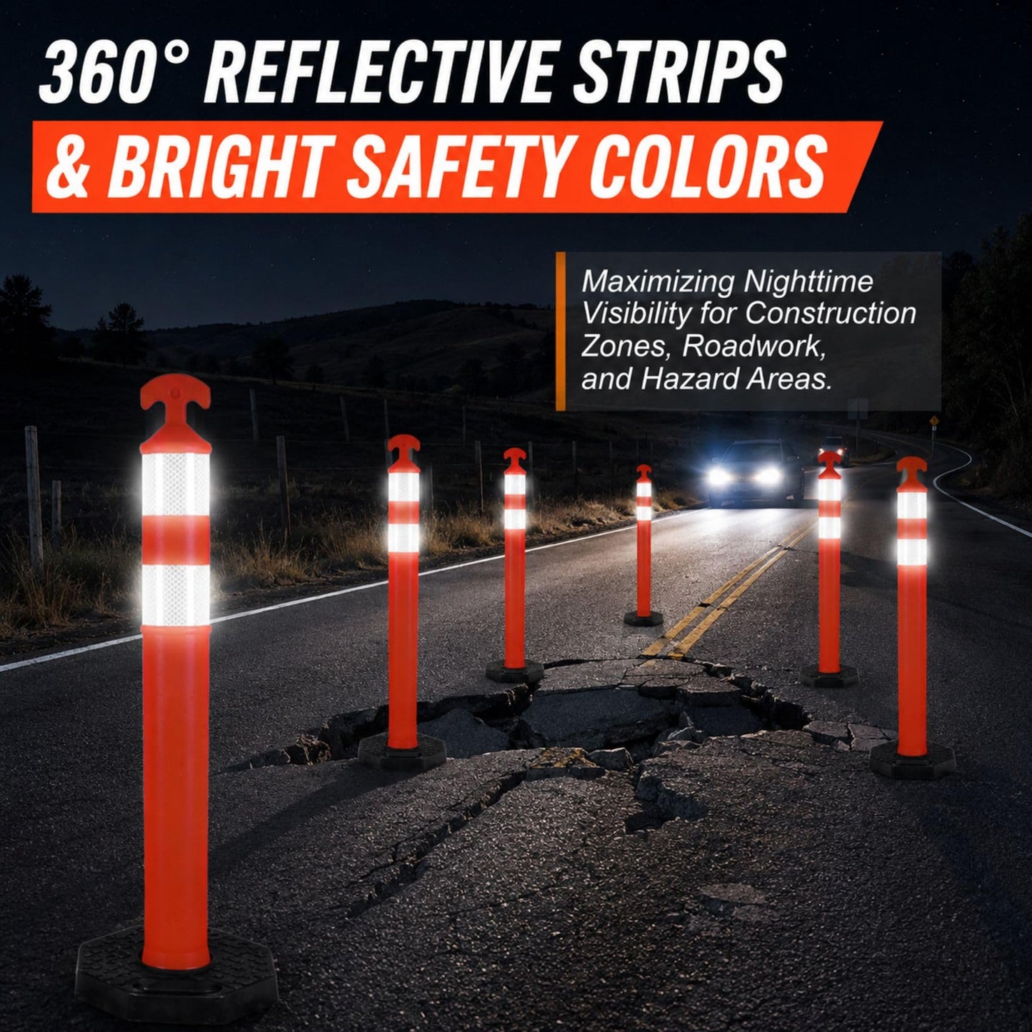 ELLUMIN 42" Traffic Delineator Posts,6 Pack Orange Safety Cones with Reflective Collars and Weighted Base for Road Safety, Parking Lots