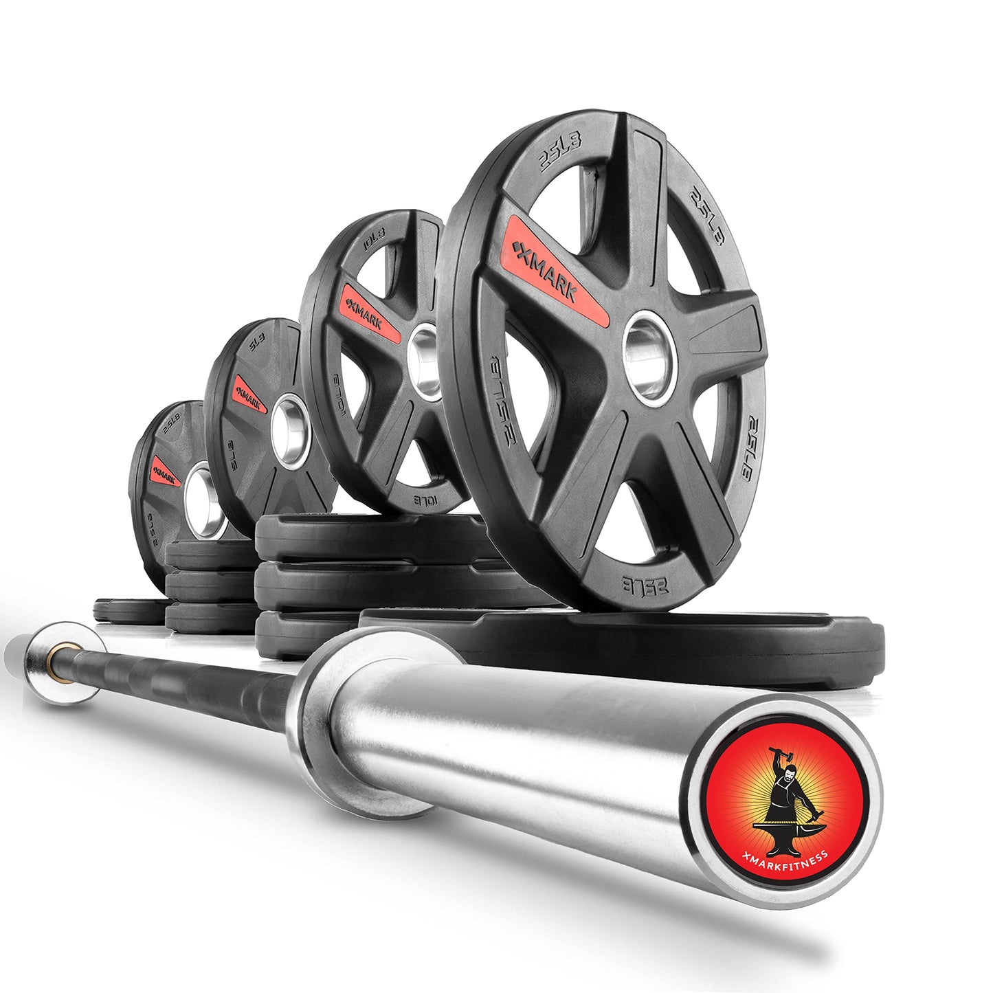 XMARK Olympic Weight Set | 115 lb Texas Star Rubber-Coated Olympic Weight Set With XMARK Blacksmith Barbell Bar