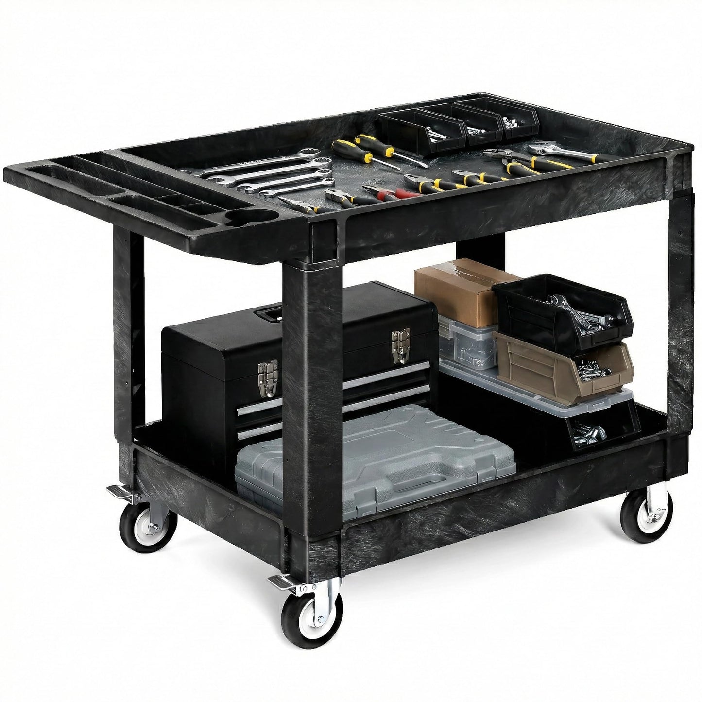 YITAHOME 2 Tier Heavy Duty Plastic Utility Cart 45 x 25 Inch, Rolling Work Cart w/Deep Shelves & 360° Swivel Wheels(2 Brake), Plastic Tool Cart Suitable for Warehouse, Garage, Office, Cleaning, Black