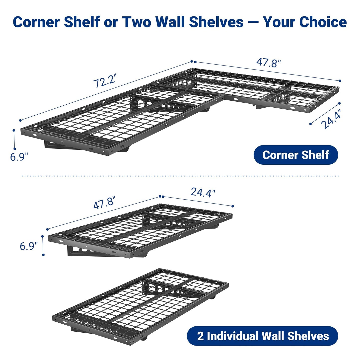 FLEXIMOUNTS 2 Pack 2x4ft Corner Wall Shelving Garage Storage Rack, 24x48 inch Floating Shelves, 660lbs Total Weight Capacity, Black, Pro Series