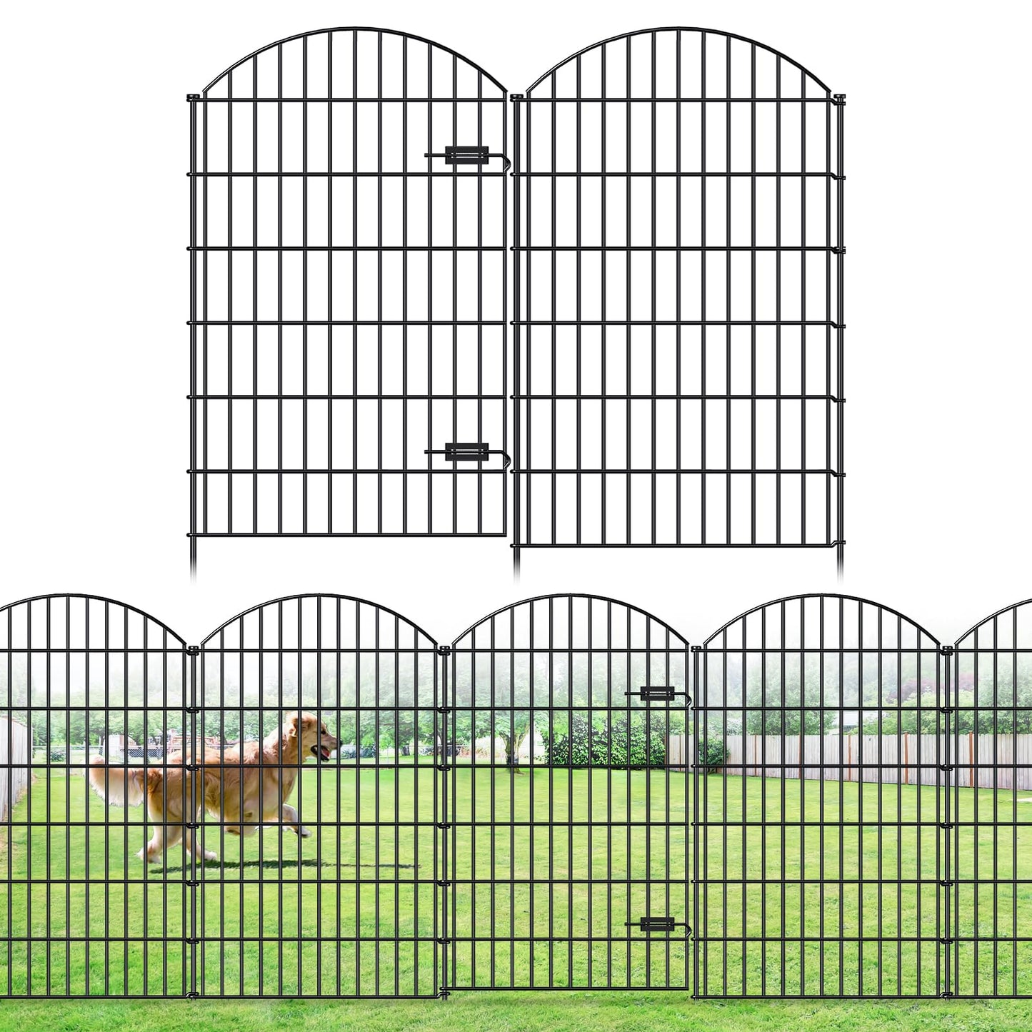FOREHOGAR Metal Garden Fence with Gate 48in (H) x 20.3ft (L), 1 Gate+ 7 Panels Dog Fences Border Fence Animal Barrier, No Dig Garden Fencing for Yard Flower Bed Lawn Patio Outdoor, ECG4808G, Black