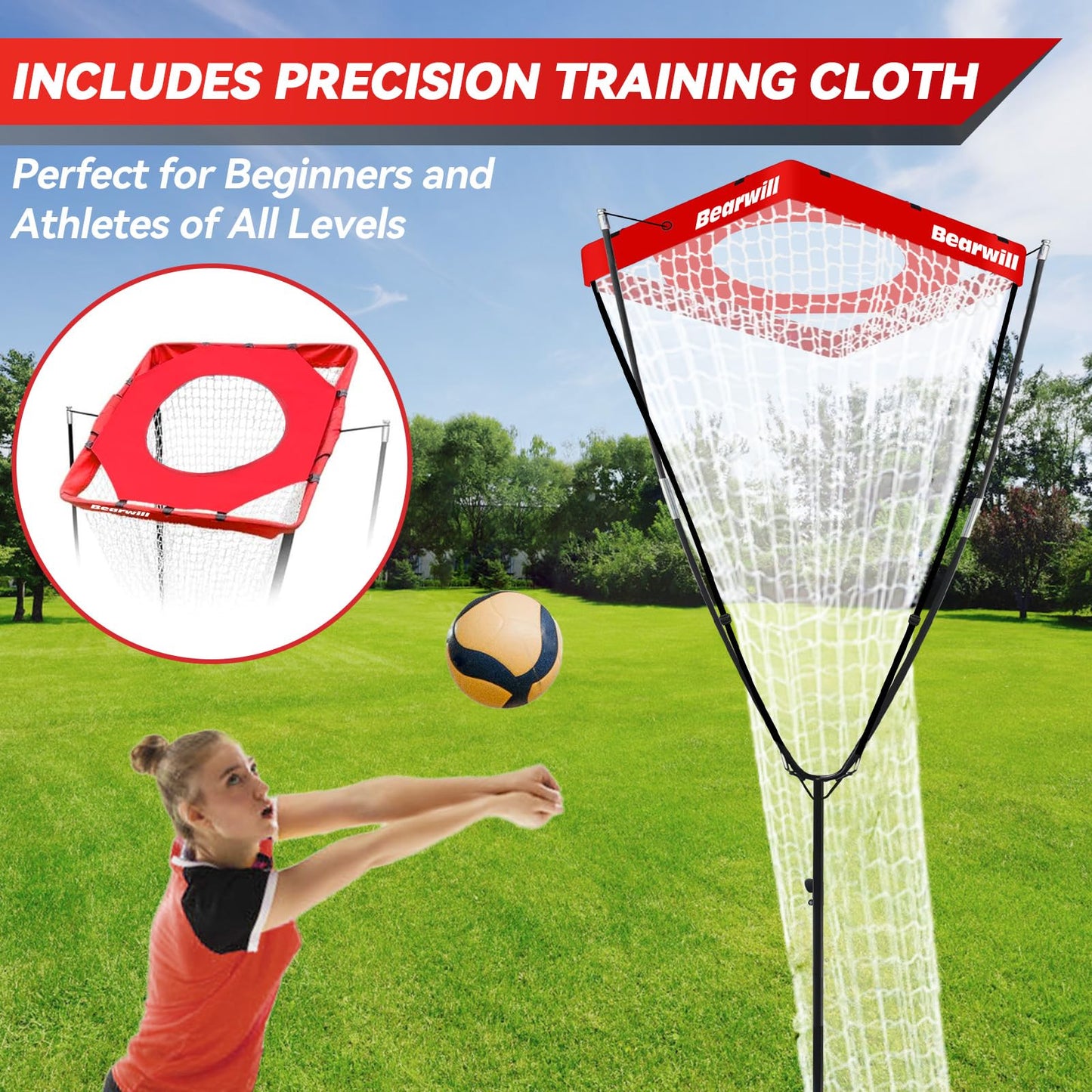 Bearwill Volleyball Setter Trainer Net, Volleyball Training Equipment Adjustable Angle Height 8-13 FT Setter Net, Indoor Outdoor Volleyball Practice Net System for Serving, Spiking and Setting