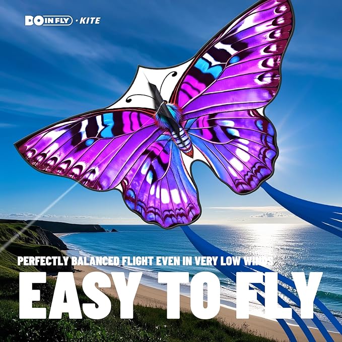Butterfly Kites for Kids & Adults, 55" x 27" Easy to Fly for Beginners, Dreamy Purple Kite with 328 ft Line & Line Winder, for Beach Games & Backyard Flying, Outdoor Activities & Family Trip